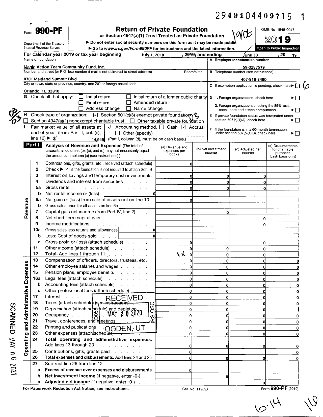 Image of first page of 2018 Form 990PF for Magic Action Team Community Fund