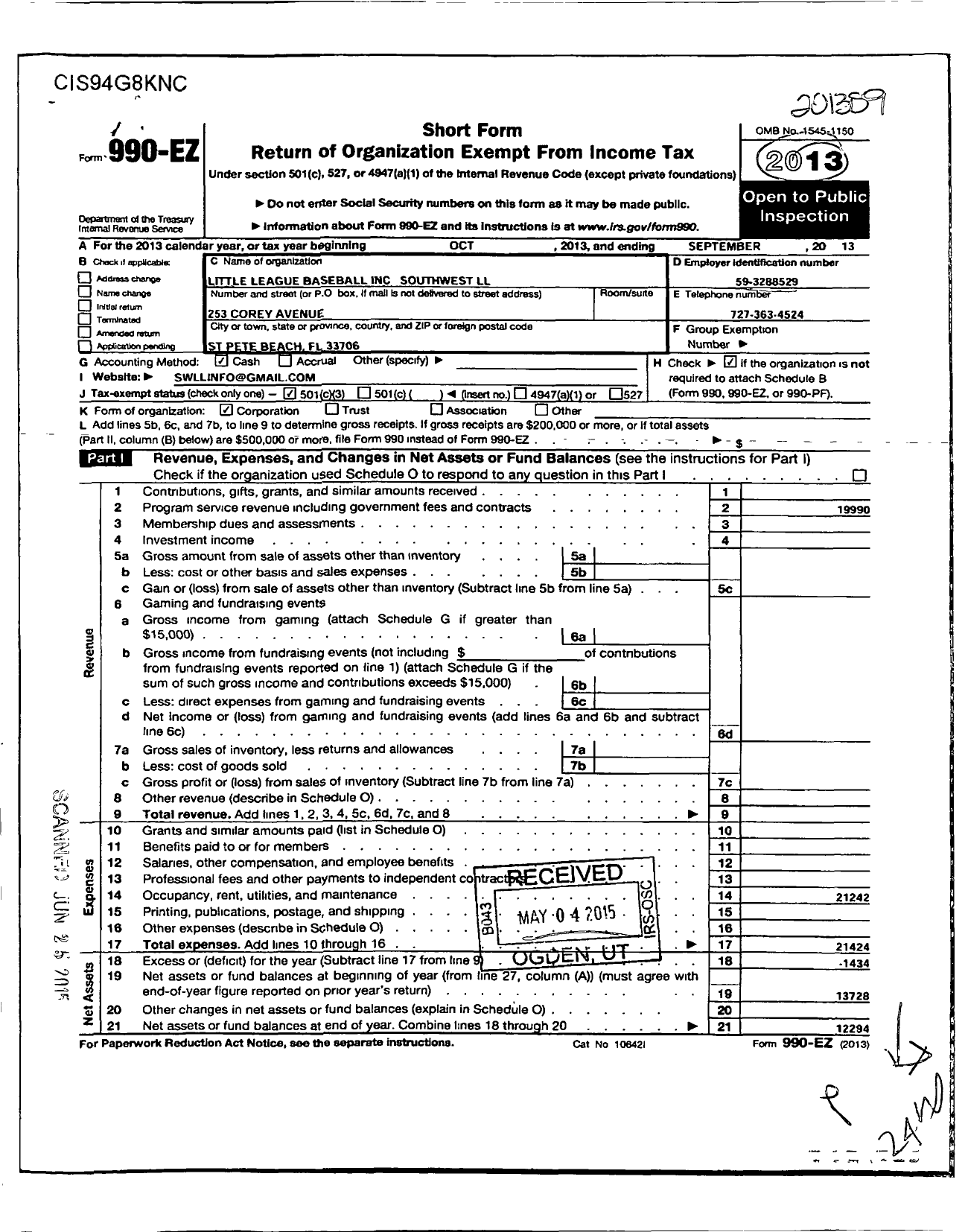 Image of first page of 2012 Form 990EZ for Little League Baseball - 3090521 Southwest LL