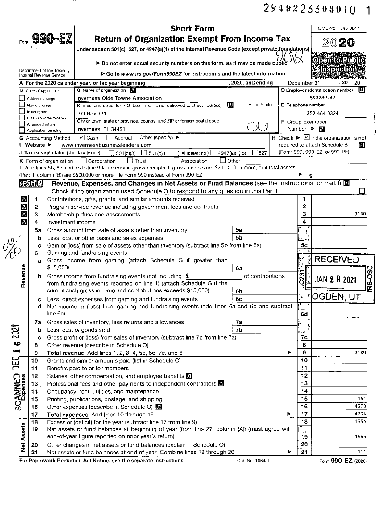 Image of first page of 2020 Form 990EO for Inverness Olde Towne Association