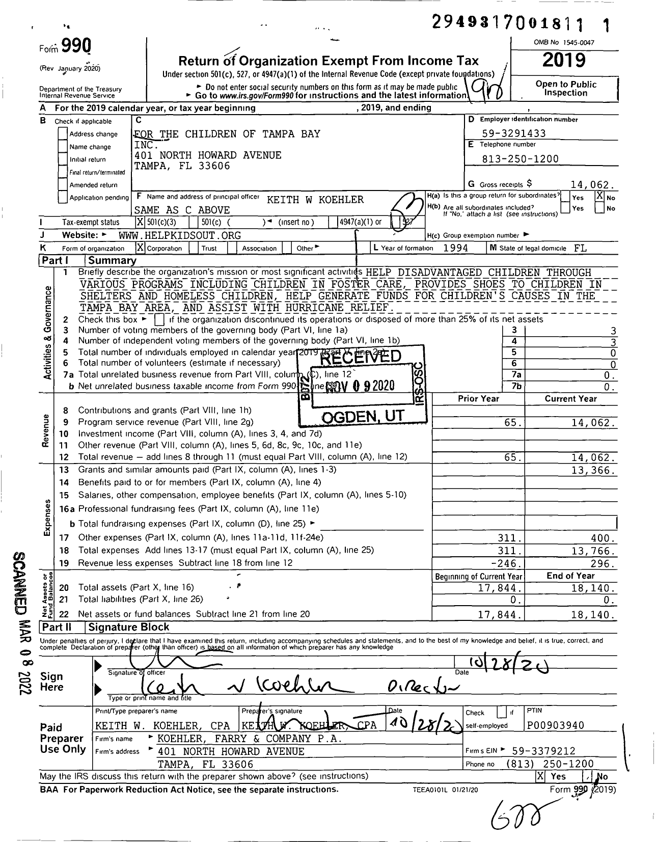 Image of first page of 2019 Form 990 for For the Children of Tampa Bay