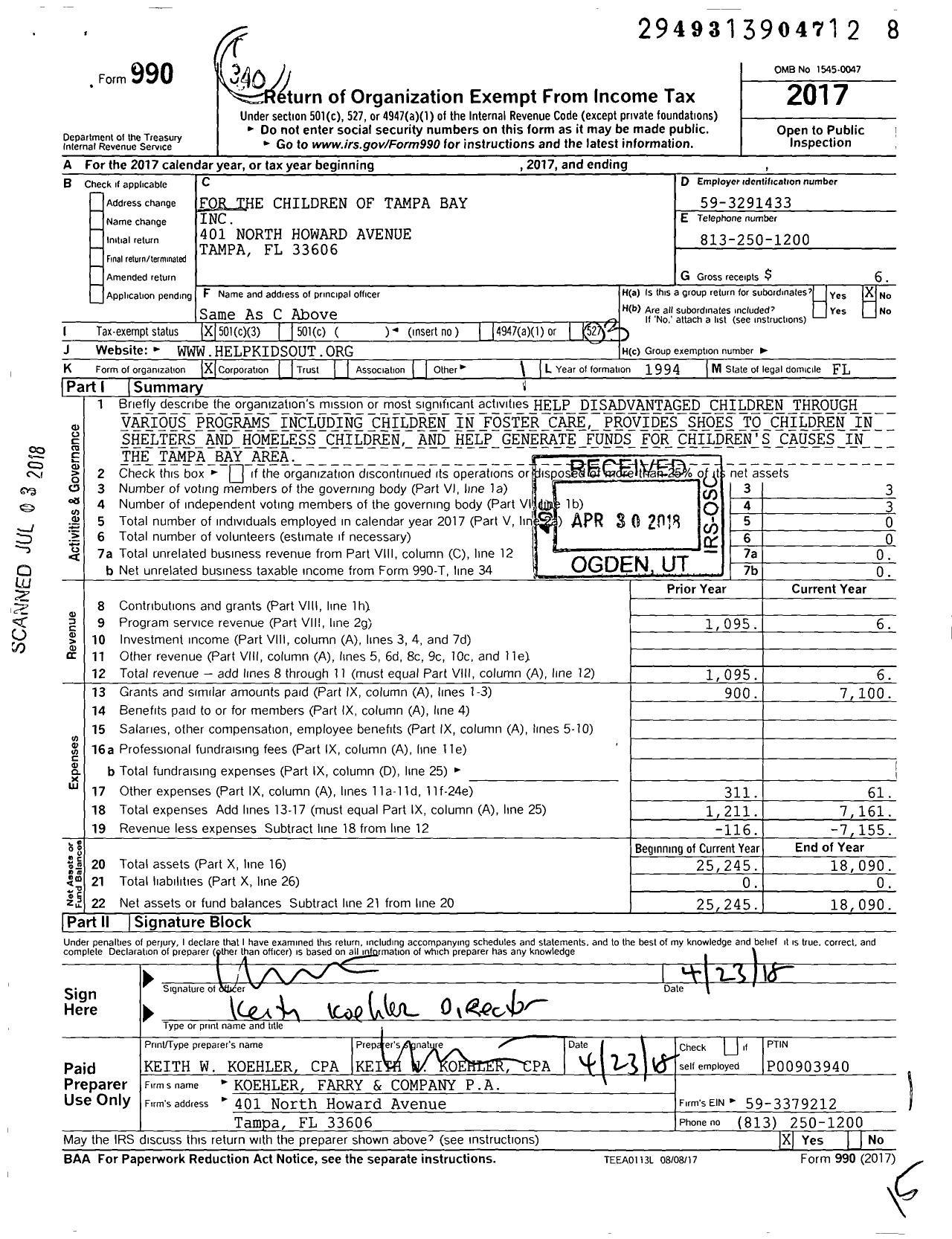 Image of first page of 2017 Form 990 for For the Children of Tampa Bay