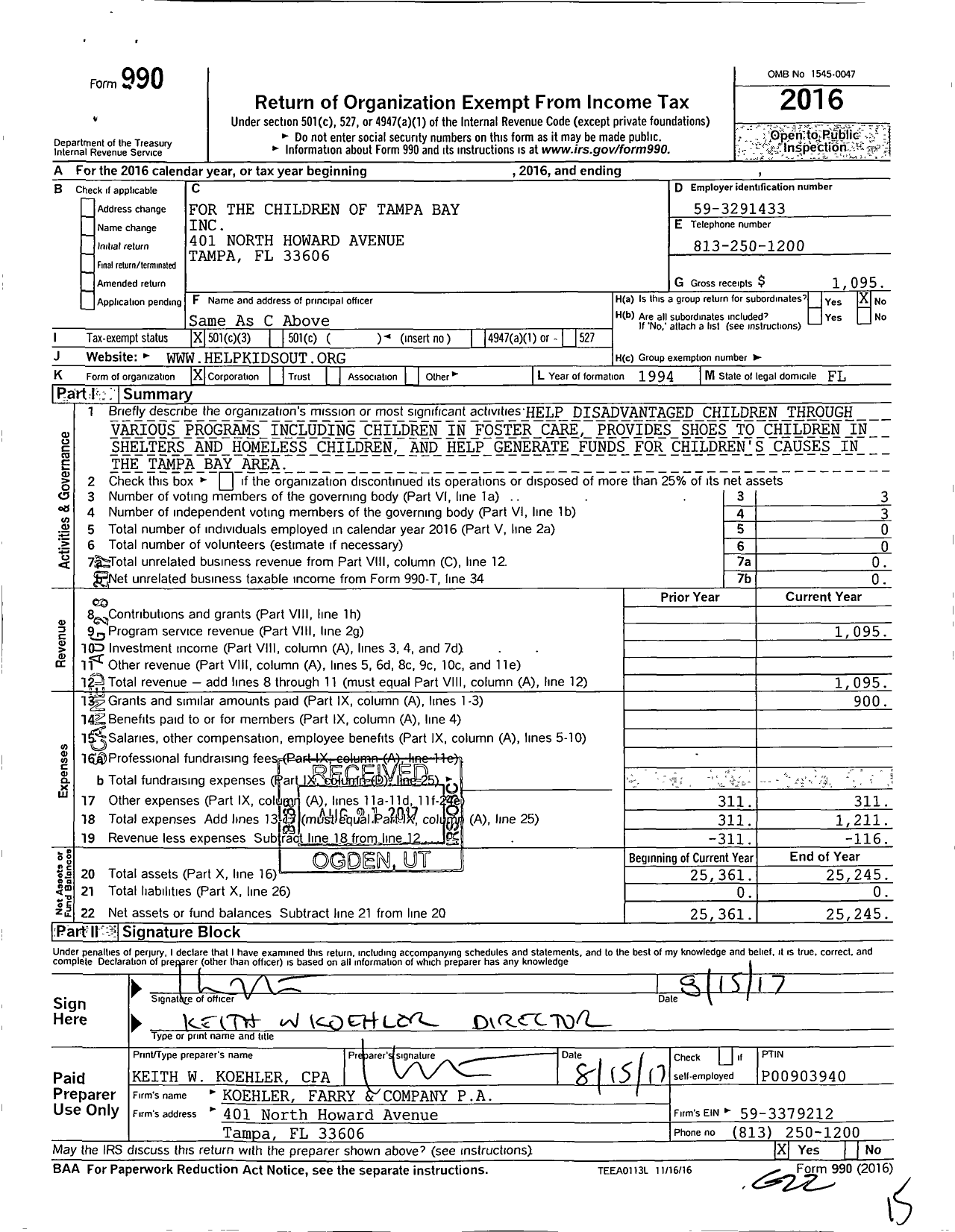 Image of first page of 2016 Form 990 for For the Children of Tampa Bay