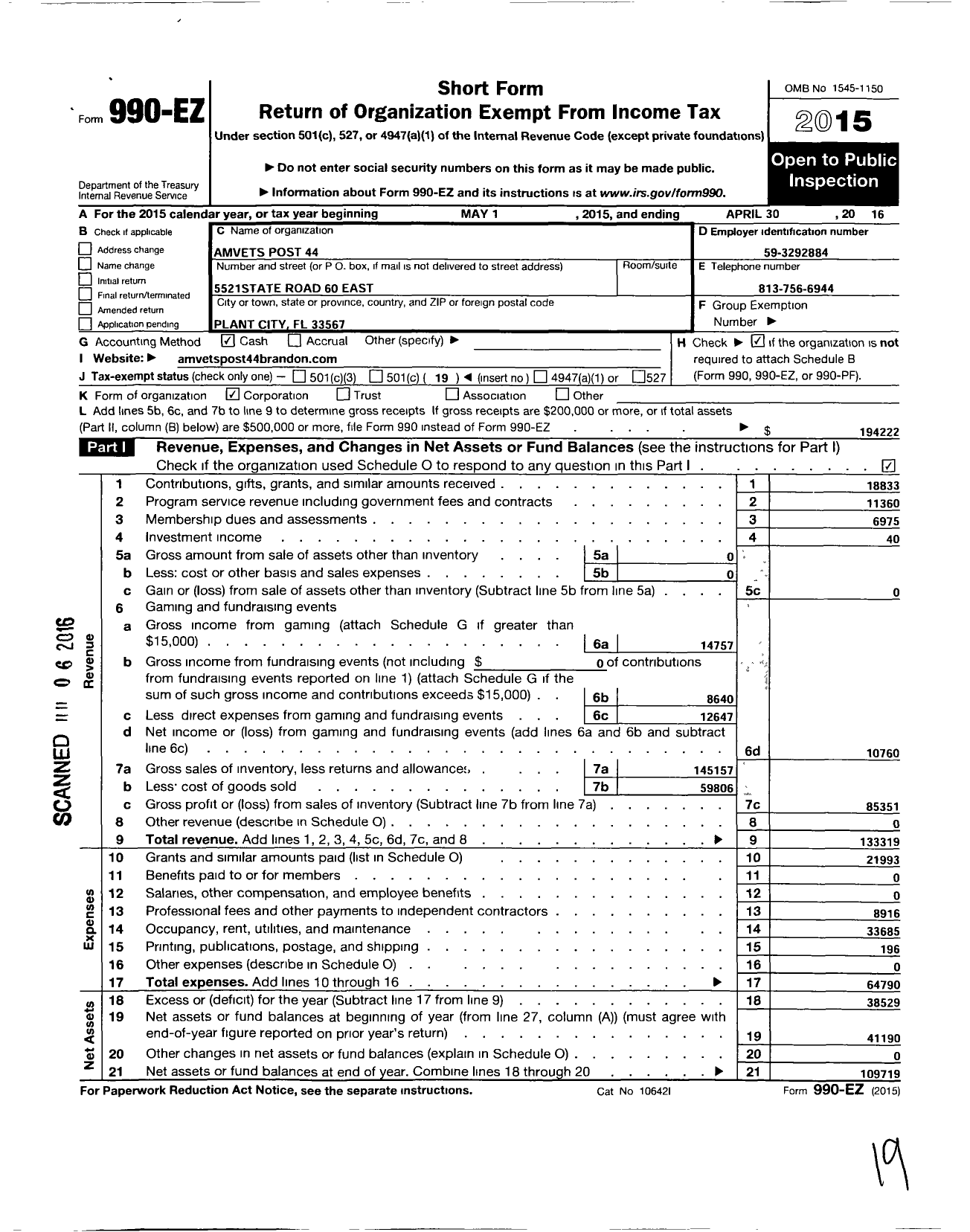 Image of first page of 2015 Form 990EO for Amvets Post 44