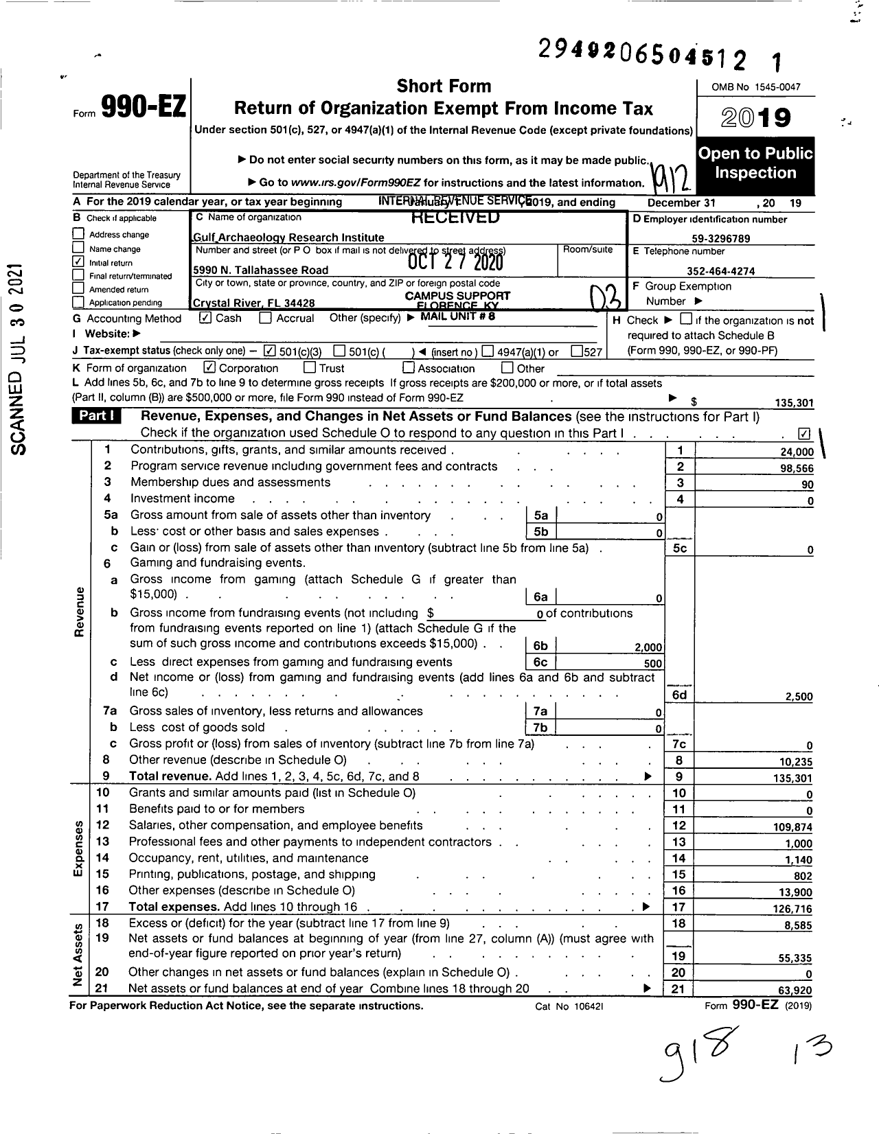 Image of first page of 2019 Form 990EZ for Gulf Archaeology Research Institute