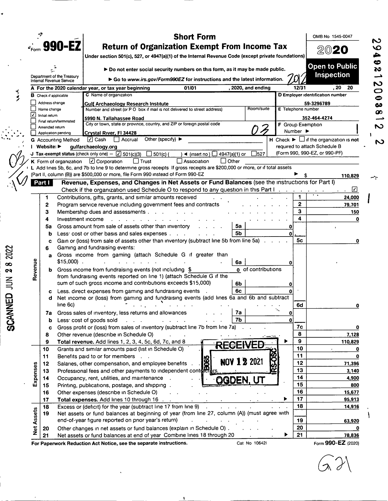 Image of first page of 2020 Form 990EZ for Gulf Archaeology Research Institute