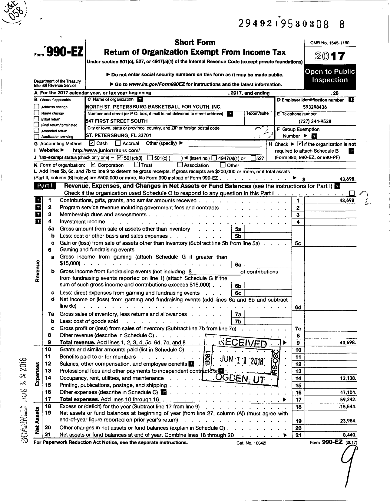 Image of first page of 2017 Form 990EZ for North St Petersburg Basketball for Youth