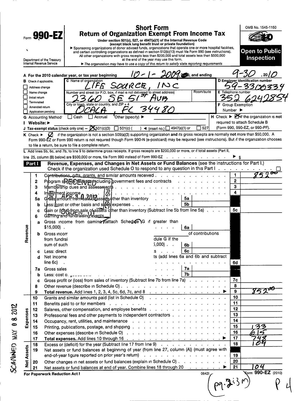 Image of first page of 2009 Form 990EZ for Choose Life America