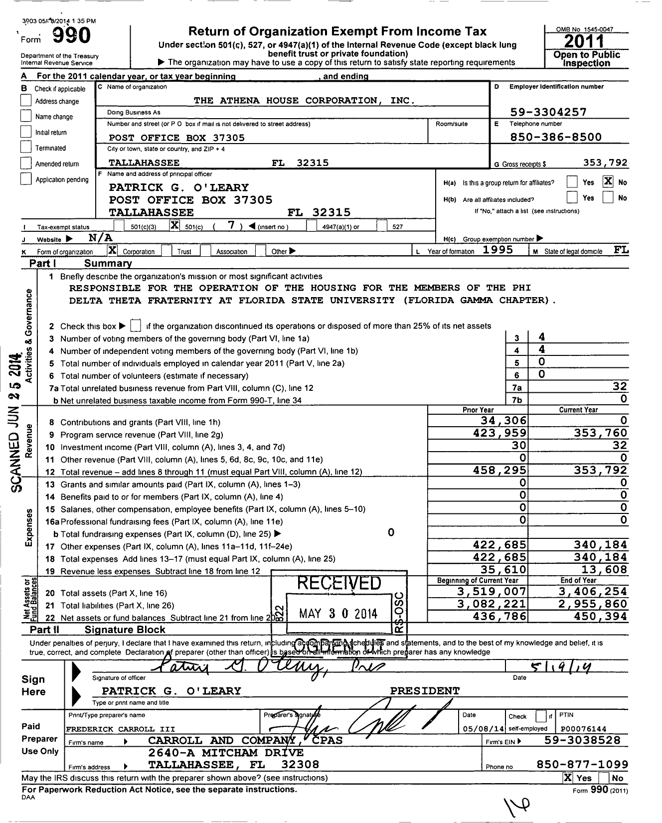 Image of first page of 2011 Form 990O for The Athena House Corporation