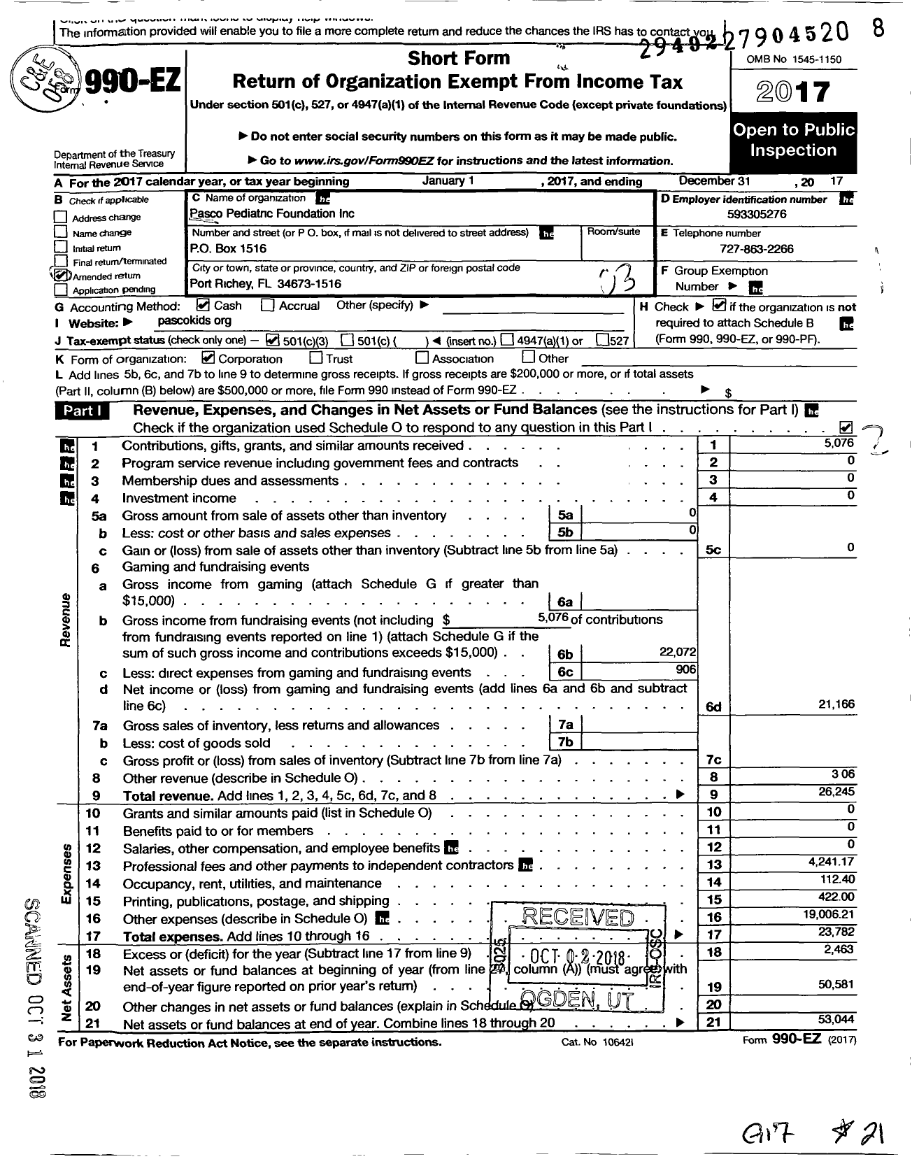 Image of first page of 2017 Form 990EZ for Pasco Pediatric Foundation