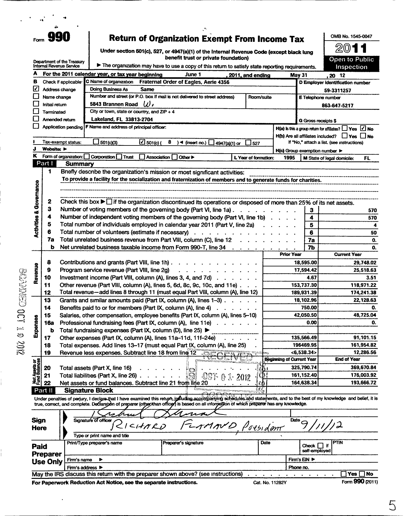 Image of first page of 2011 Form 990O for Fraternal Order of Eagles Aerie 4356