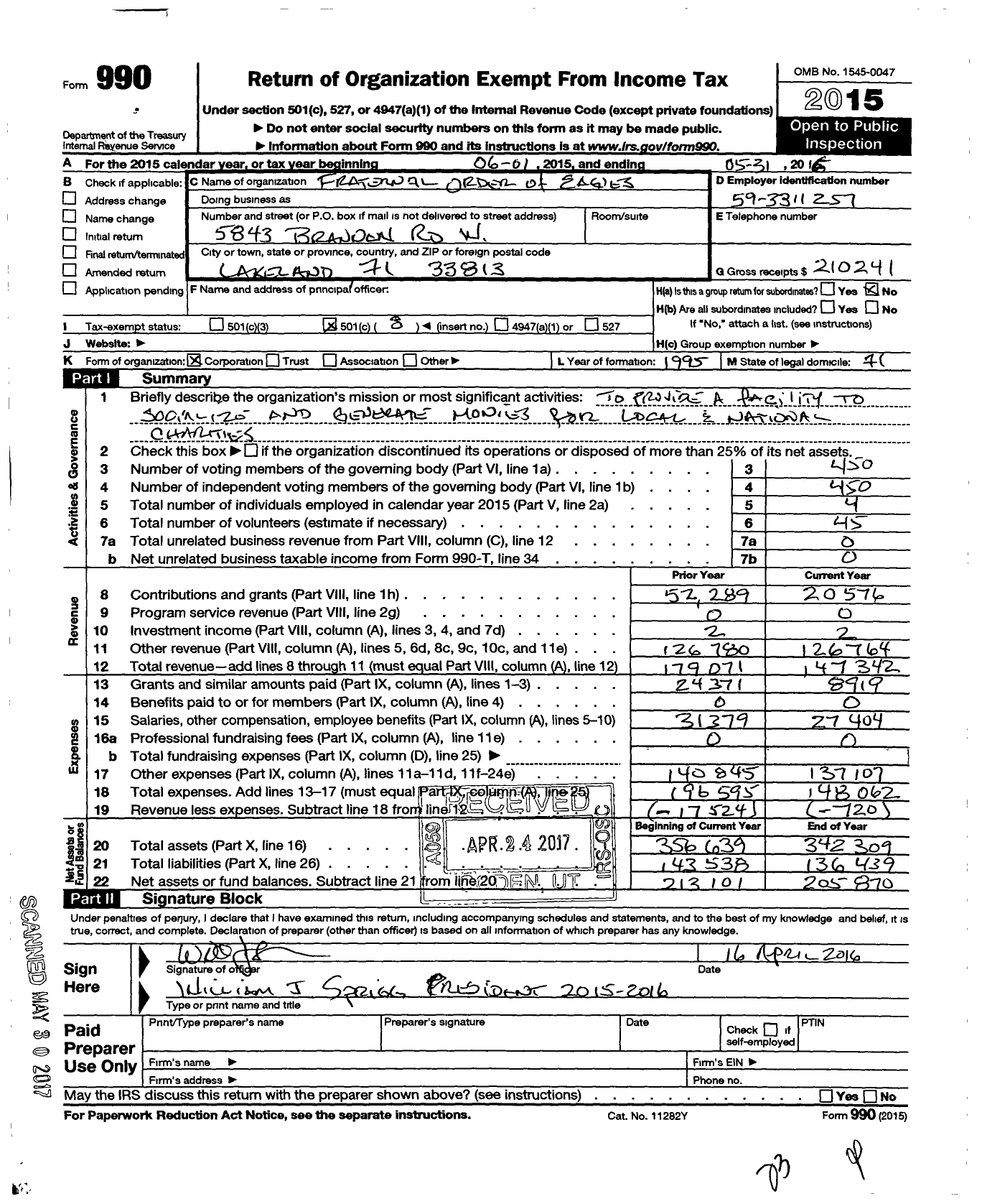 Image of first page of 2015 Form 990O for Fraternal Order of Eagles / 4356 Aerie