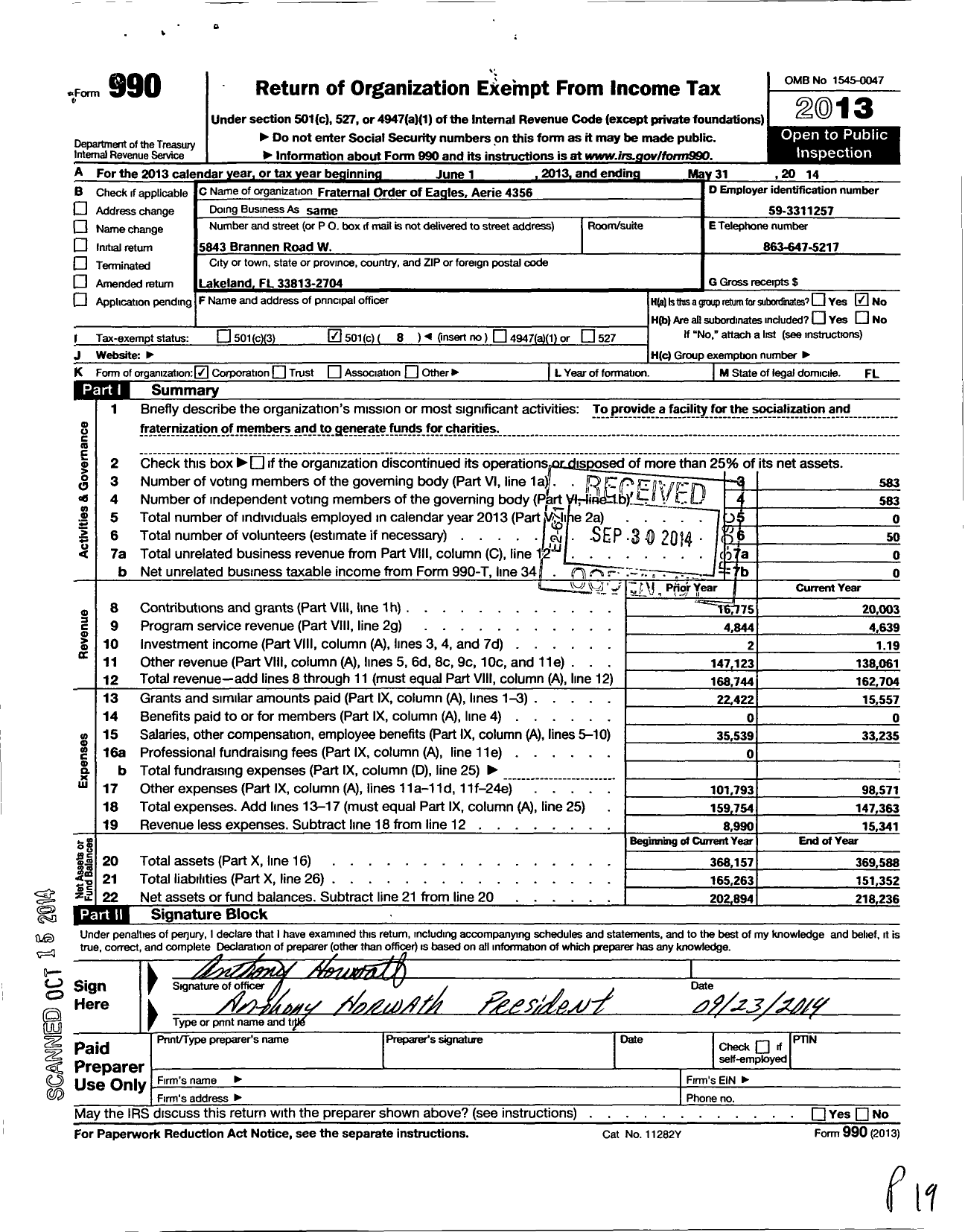 Image of first page of 2013 Form 990O for Fraternal Order of Eagles / 4356 Aerie