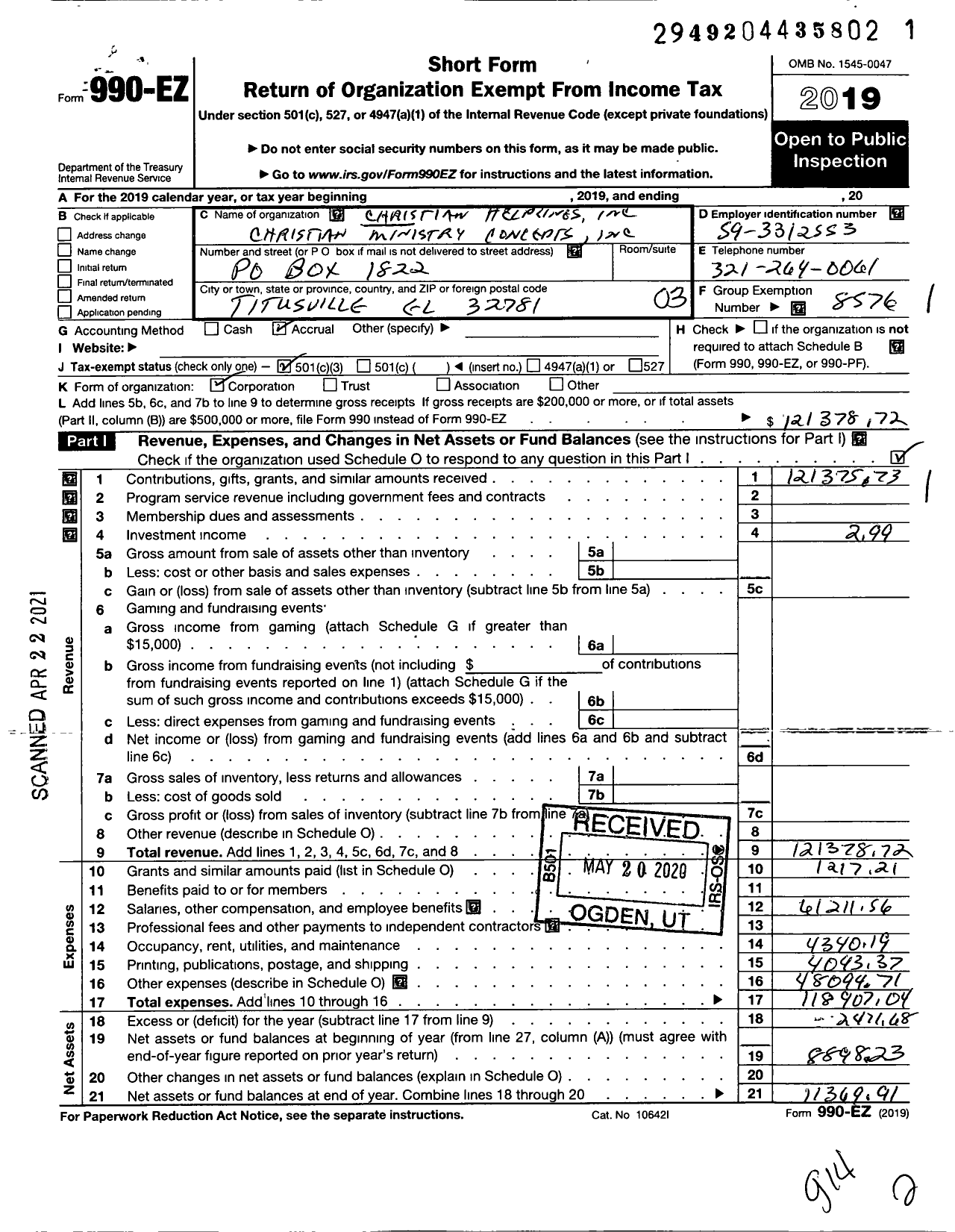 Image of first page of 2019 Form 990EZ for CHRISTIAN HELPLINES / Christian Ministry Concepts