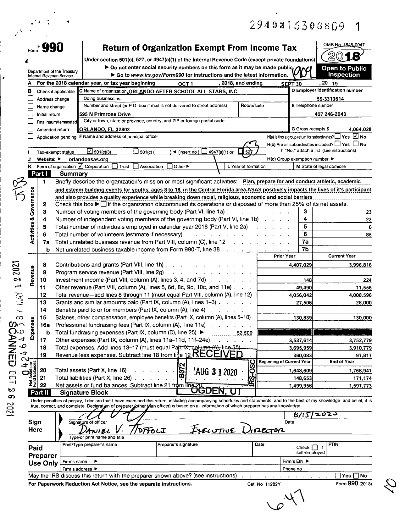 Image of first page of 2018 Form 990 for Orlando After School All Stars