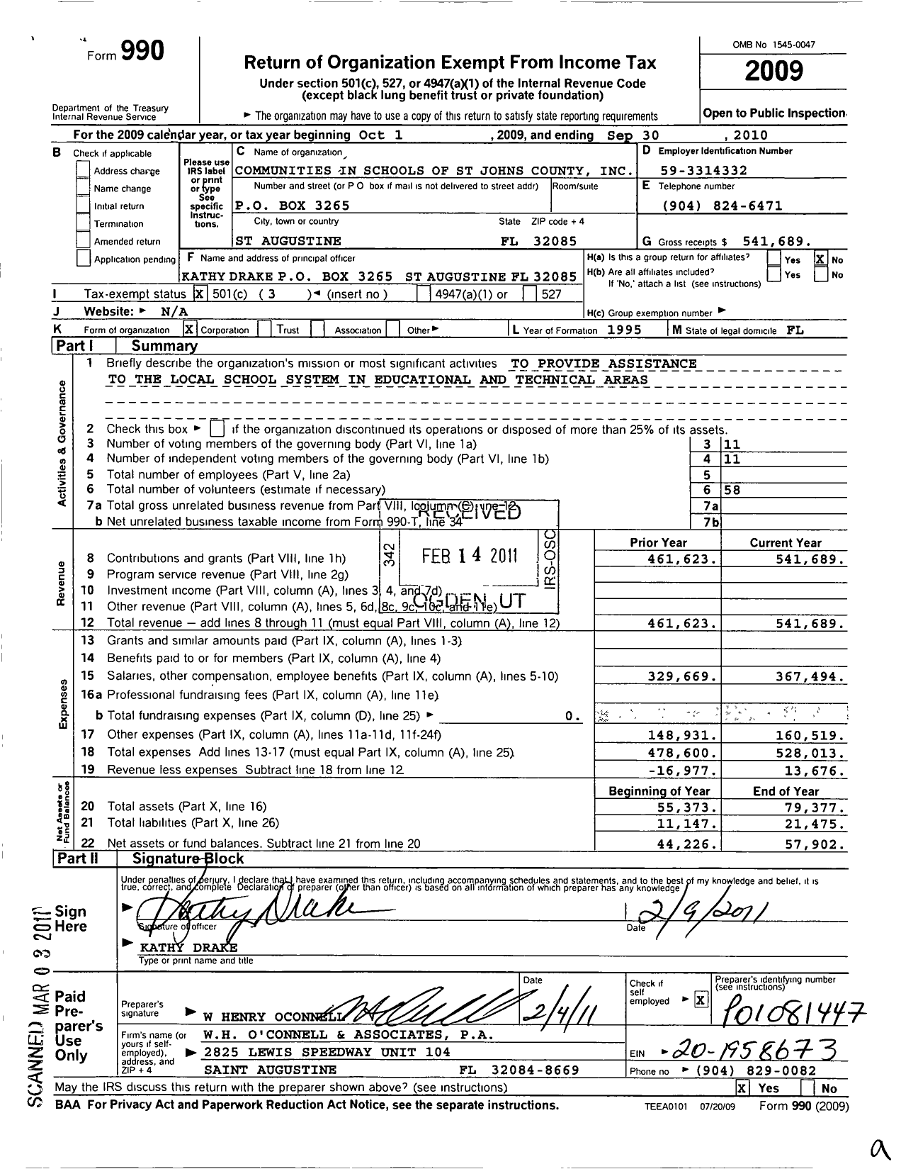 Image of first page of 2009 Form 990 for Communities in Schools of St Johns County