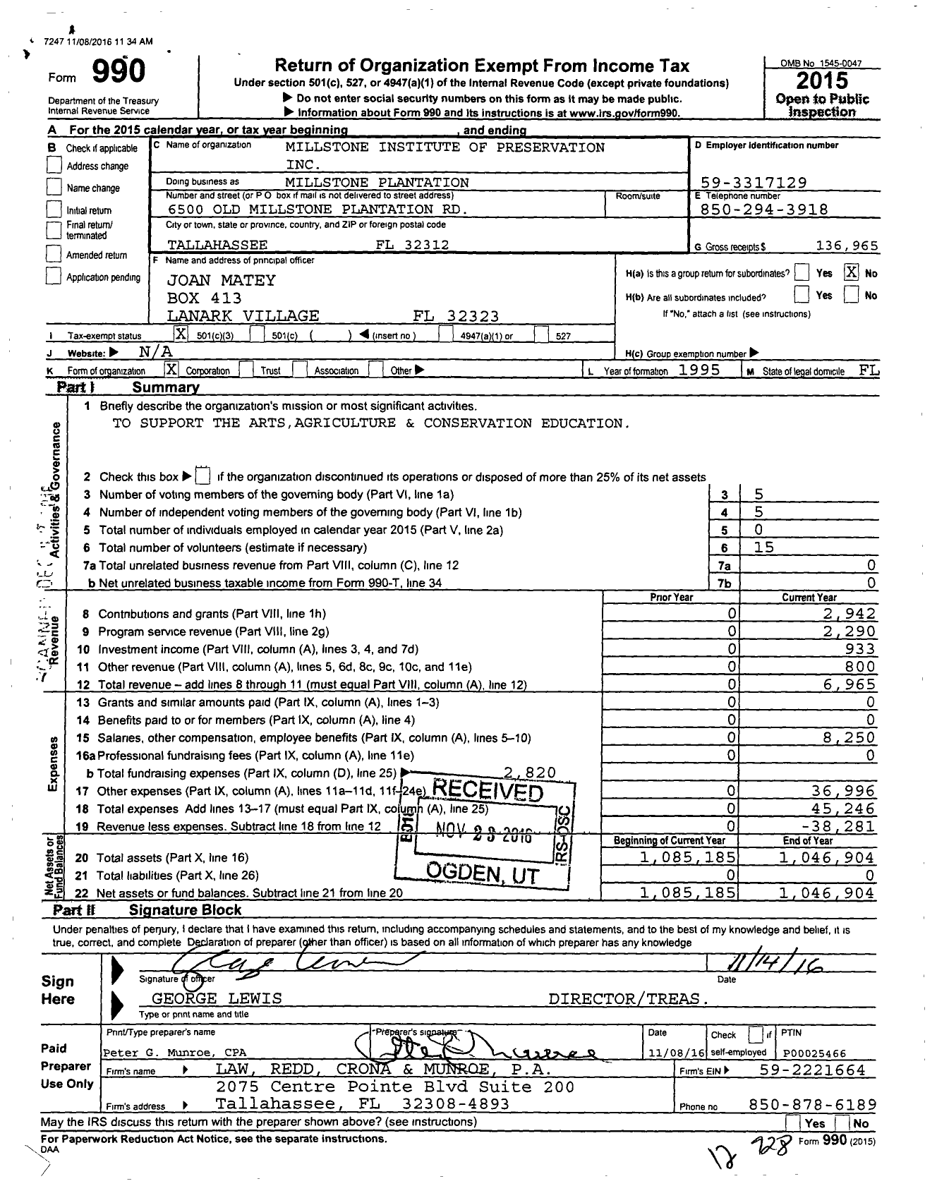 Image of first page of 2015 Form 990 for Millstone Institute of Preservation