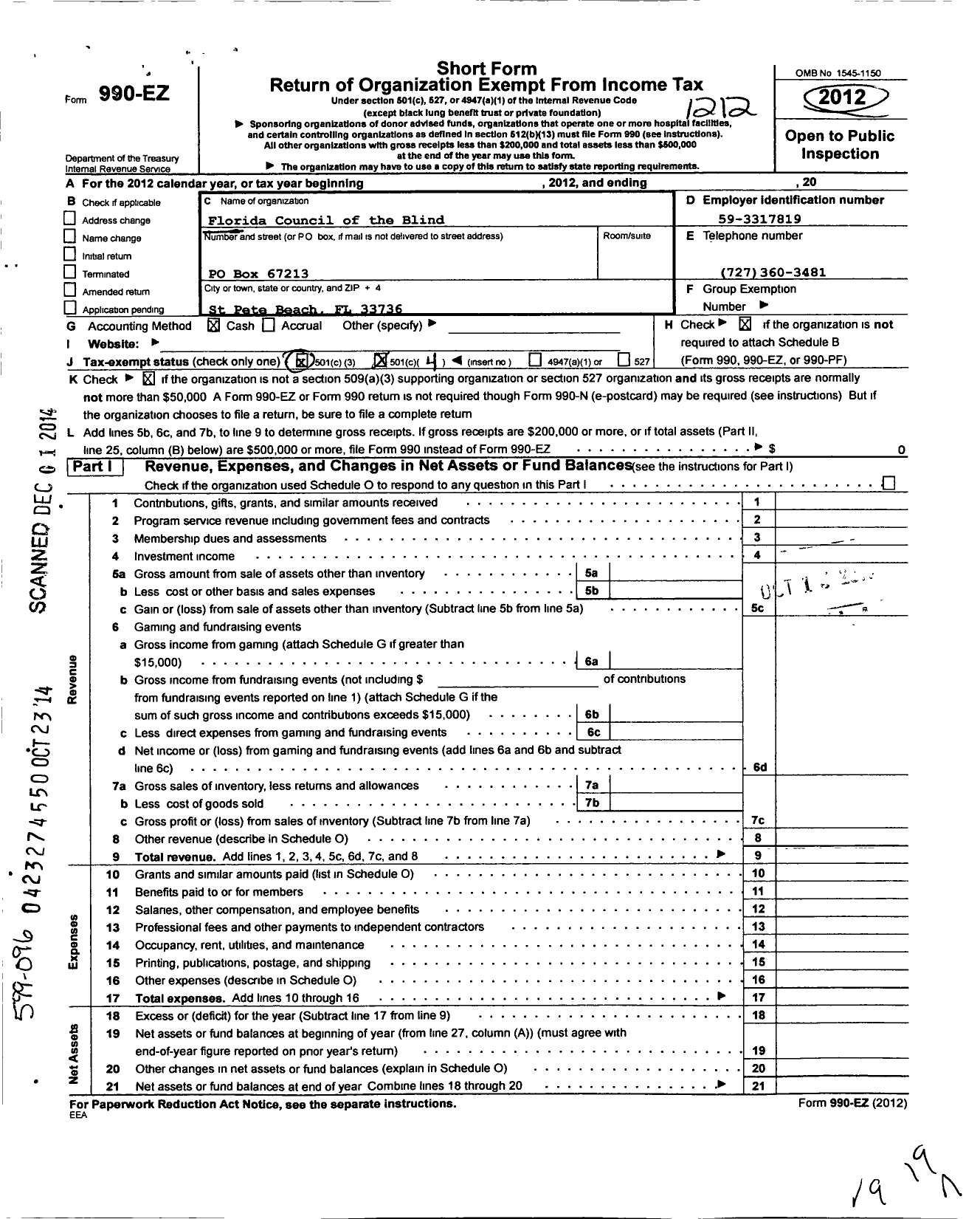 Image of first page of 2012 Form 990EO for Florida Council of the Blind - 35 Pensacola Tri-County Chapter
