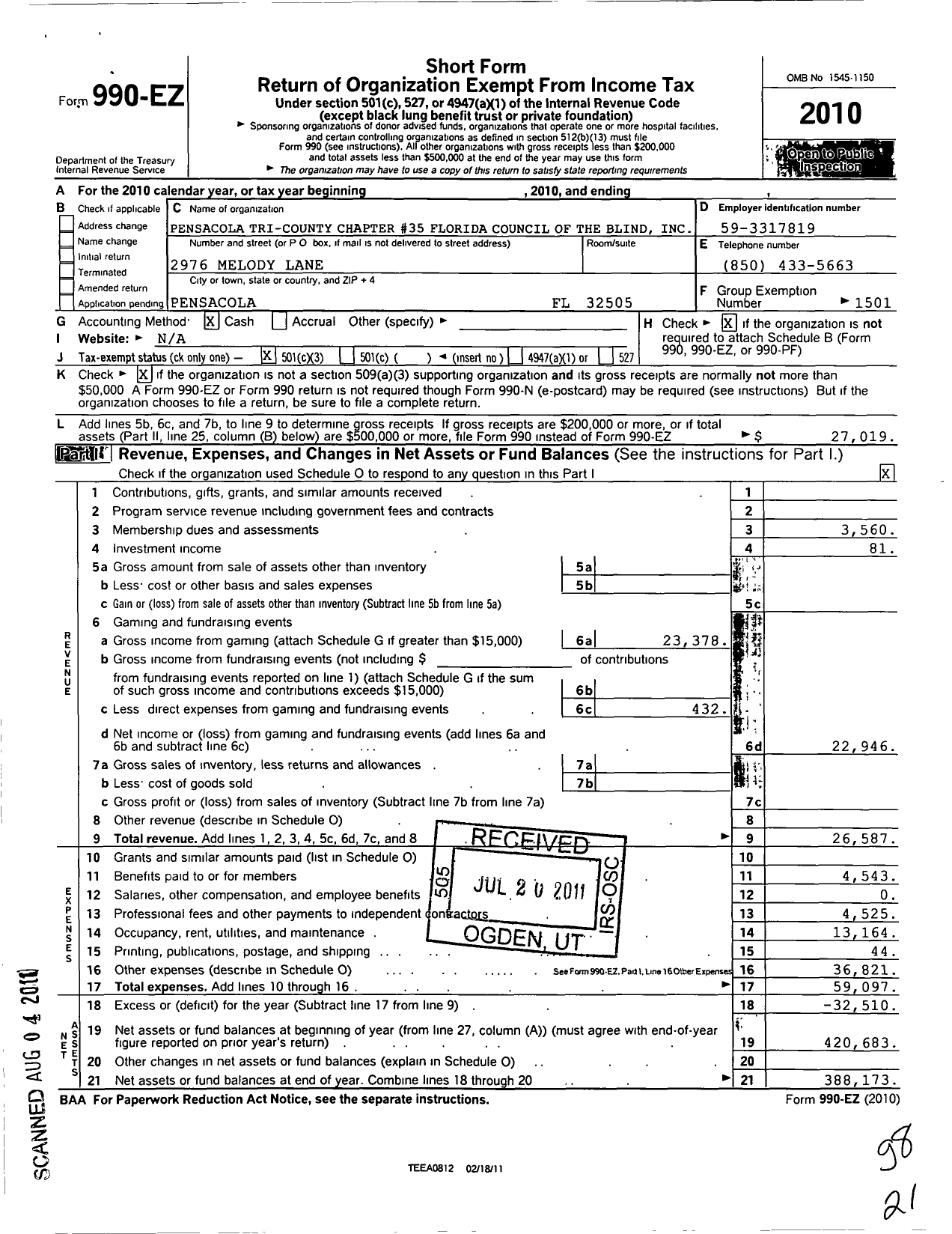 Image of first page of 2010 Form 990EZ for Florida Council of the Blind - 35 Pensacola Tri-County Chapter