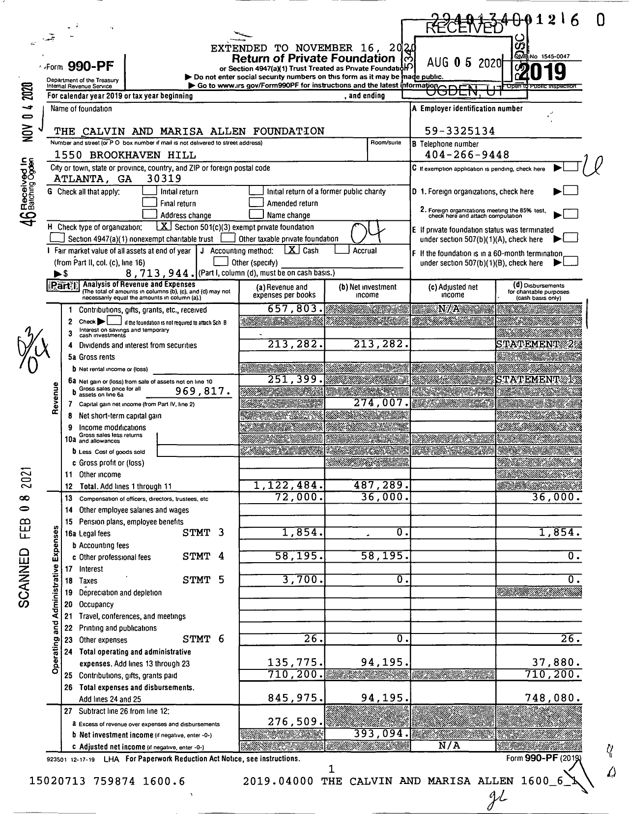 Image of first page of 2019 Form 990PF for The Calvin and Marisa Allen Foundation