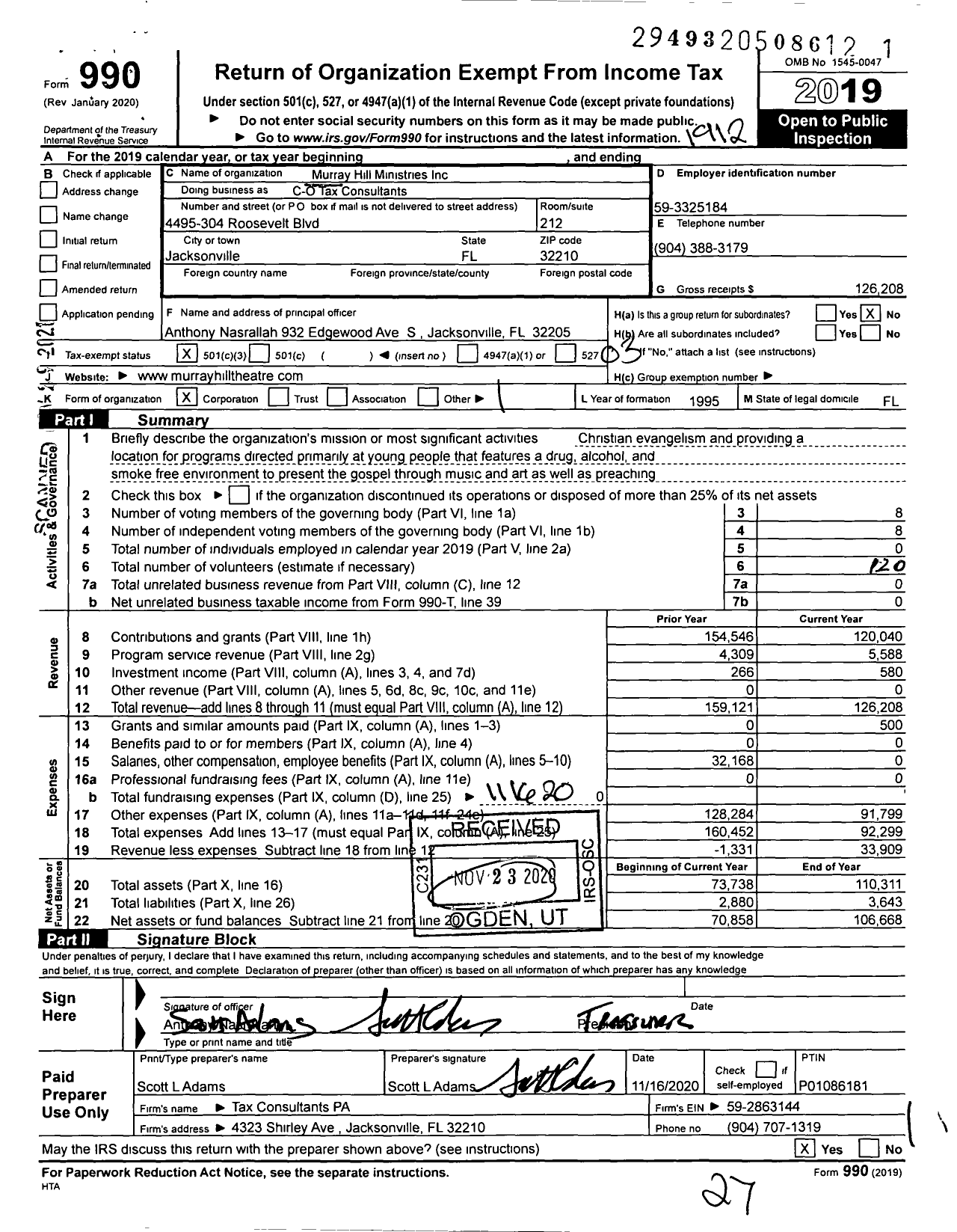 Image of first page of 2019 Form 990 for Murray Hill Ministries