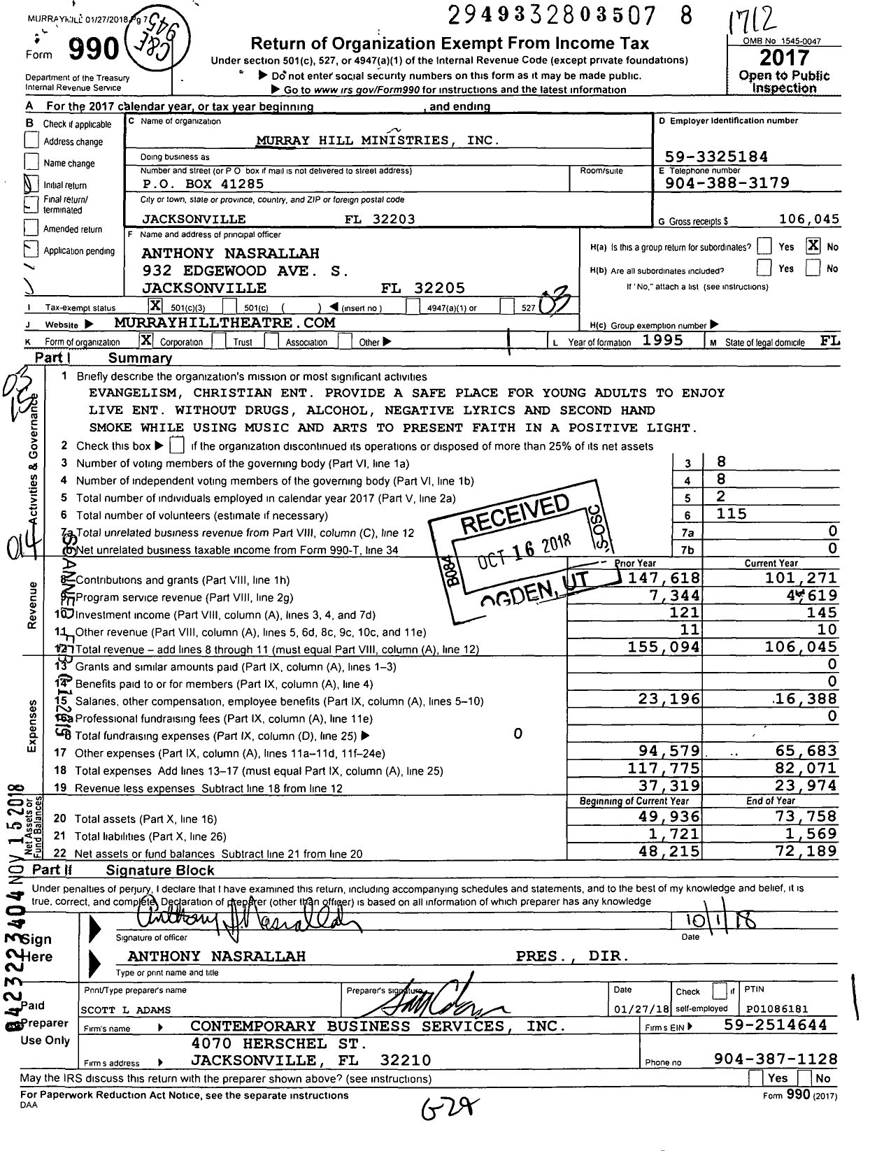 Image of first page of 2017 Form 990 for Murray Hill Ministries