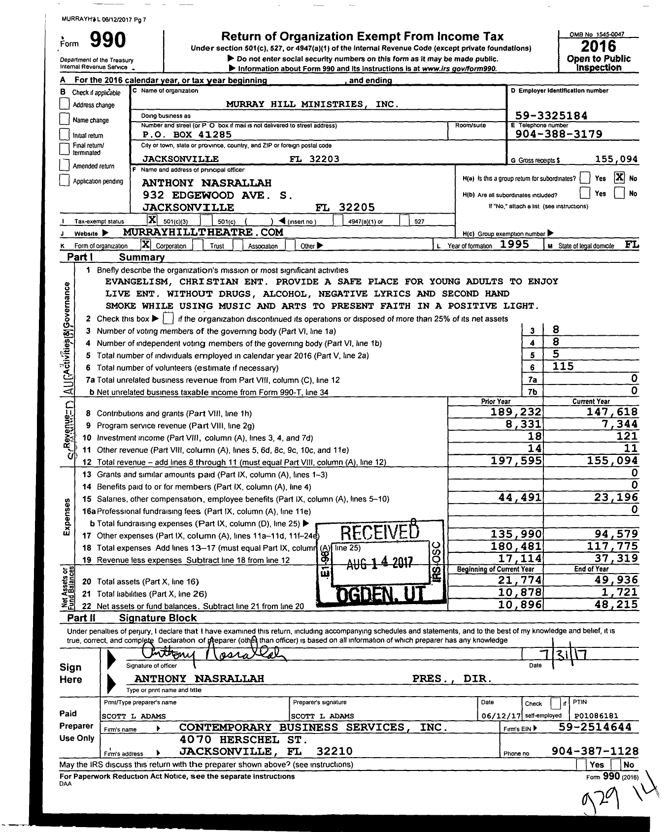Image of first page of 2016 Form 990 for Murray Hill Ministries