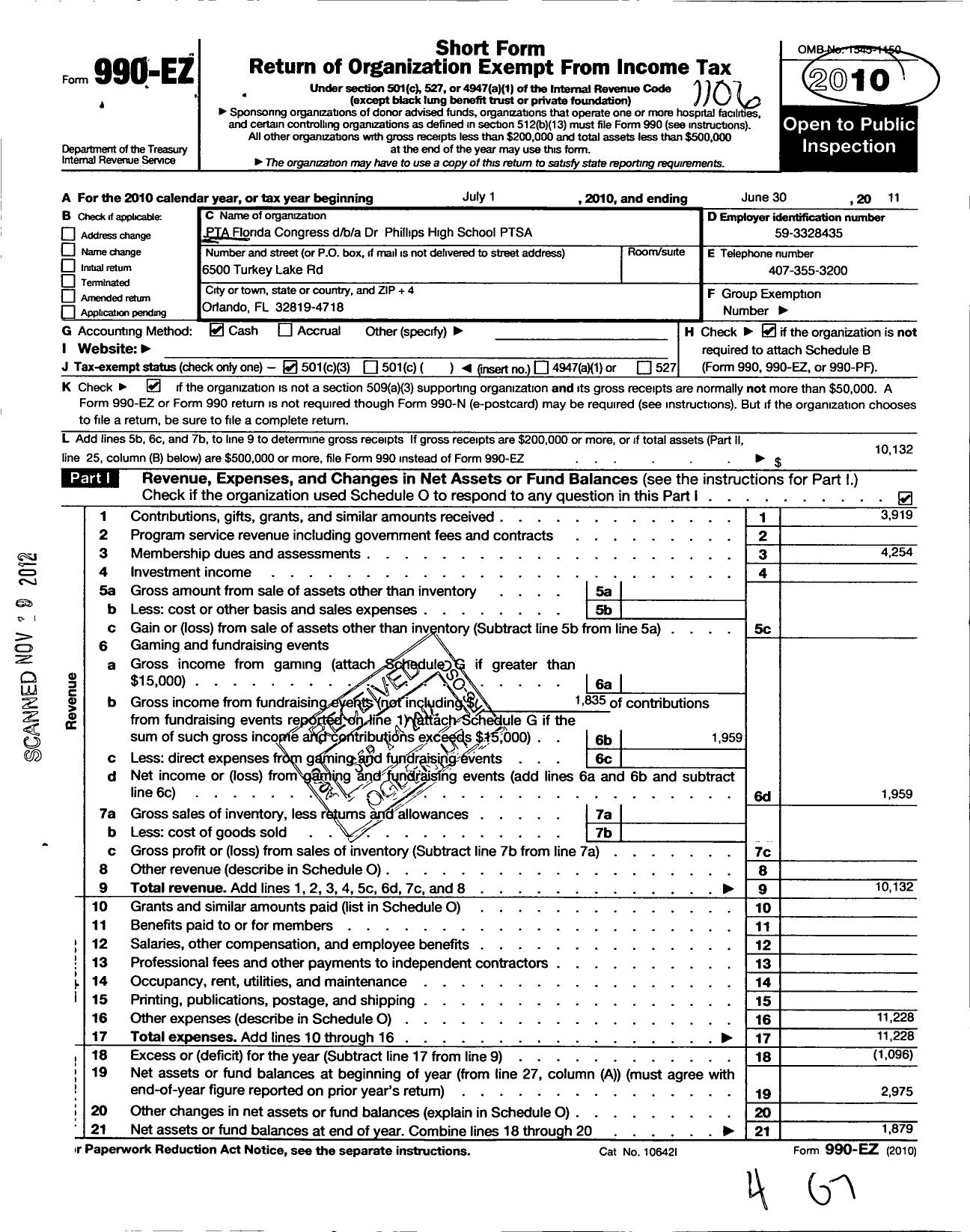 Image of first page of 2010 Form 990EZ for PTA Florida Congress - Dr Phillips High School Ptsa