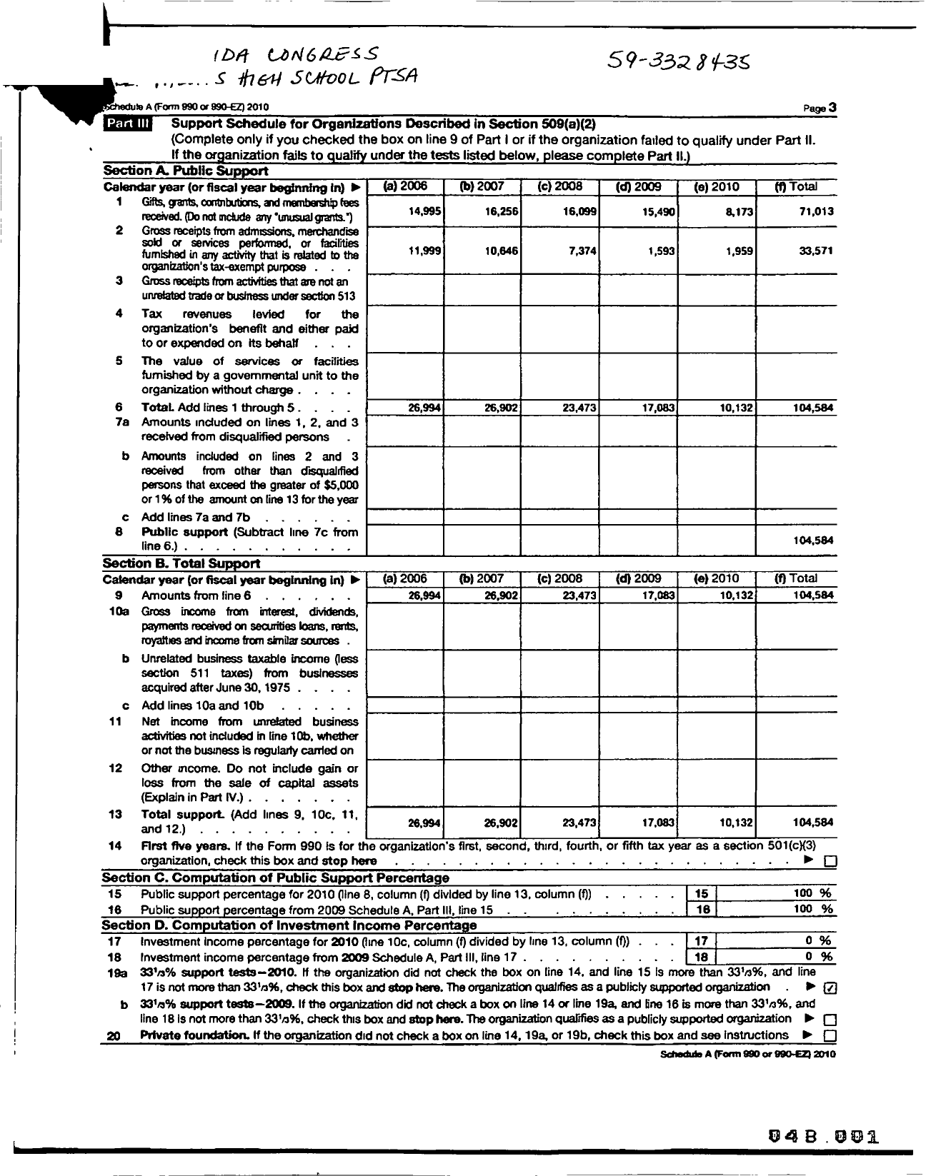 Image of first page of 2010 Form 990ER for PTA Florida Congress - Dr Phillips High School Ptsa