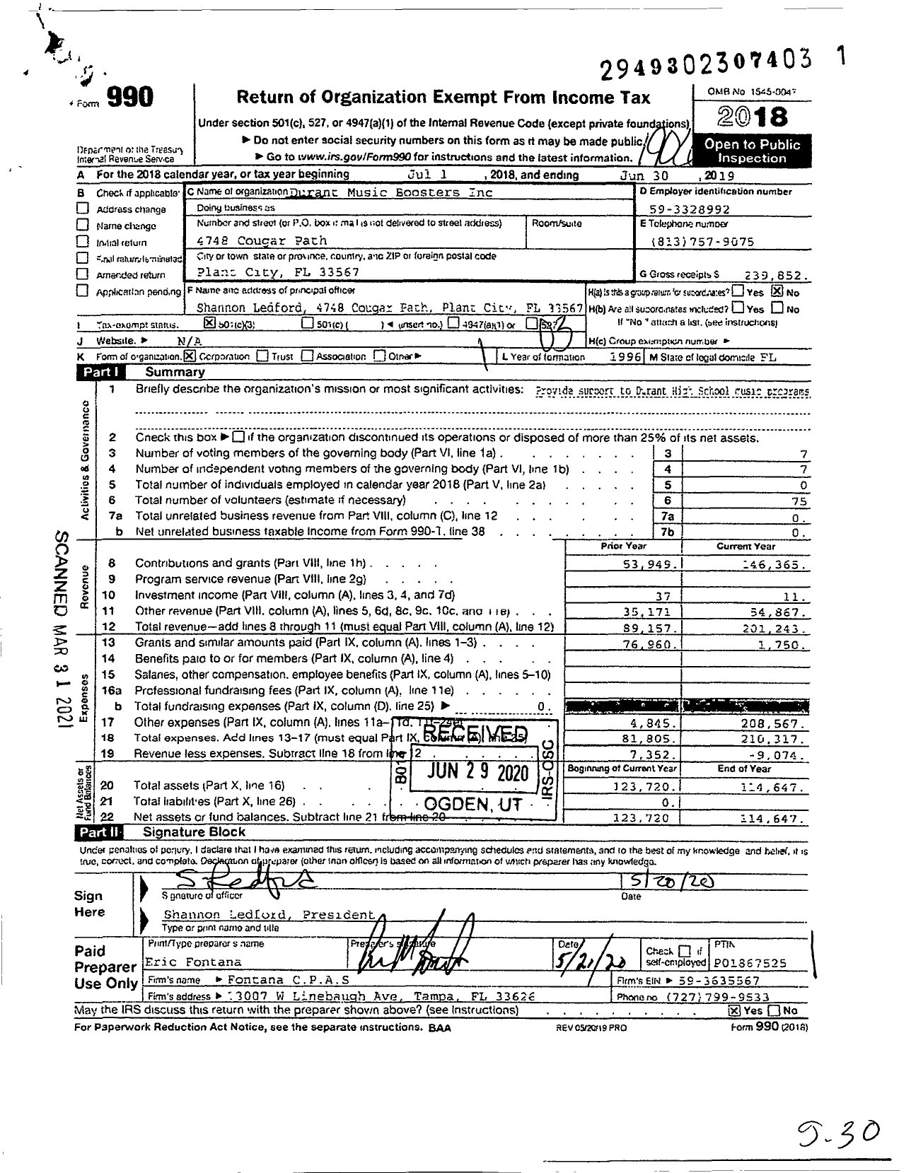 Image of first page of 2018 Form 990 for Durant Music Boosters