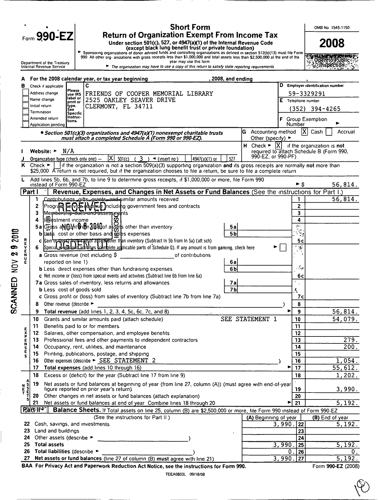 Image of first page of 2008 Form 990EZ for Friends of the Cooper Memorial Library Ary