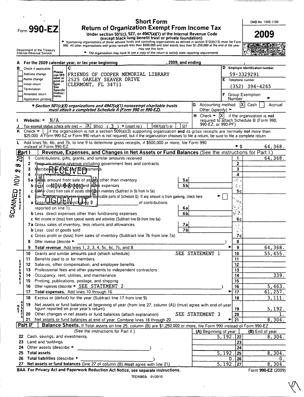 Image of first page of 2009 Form 990EZ for Friends of the Cooper Memorial Library Ary