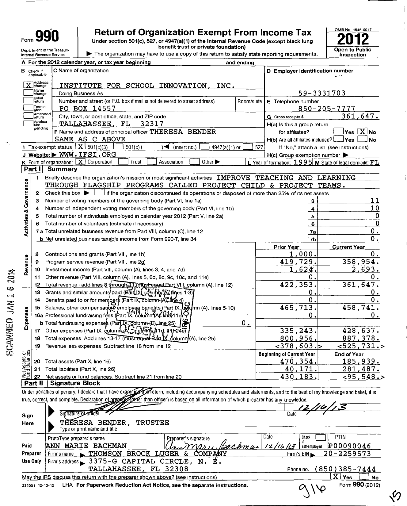 Image of first page of 2012 Form 990 for Institute for School Innovation