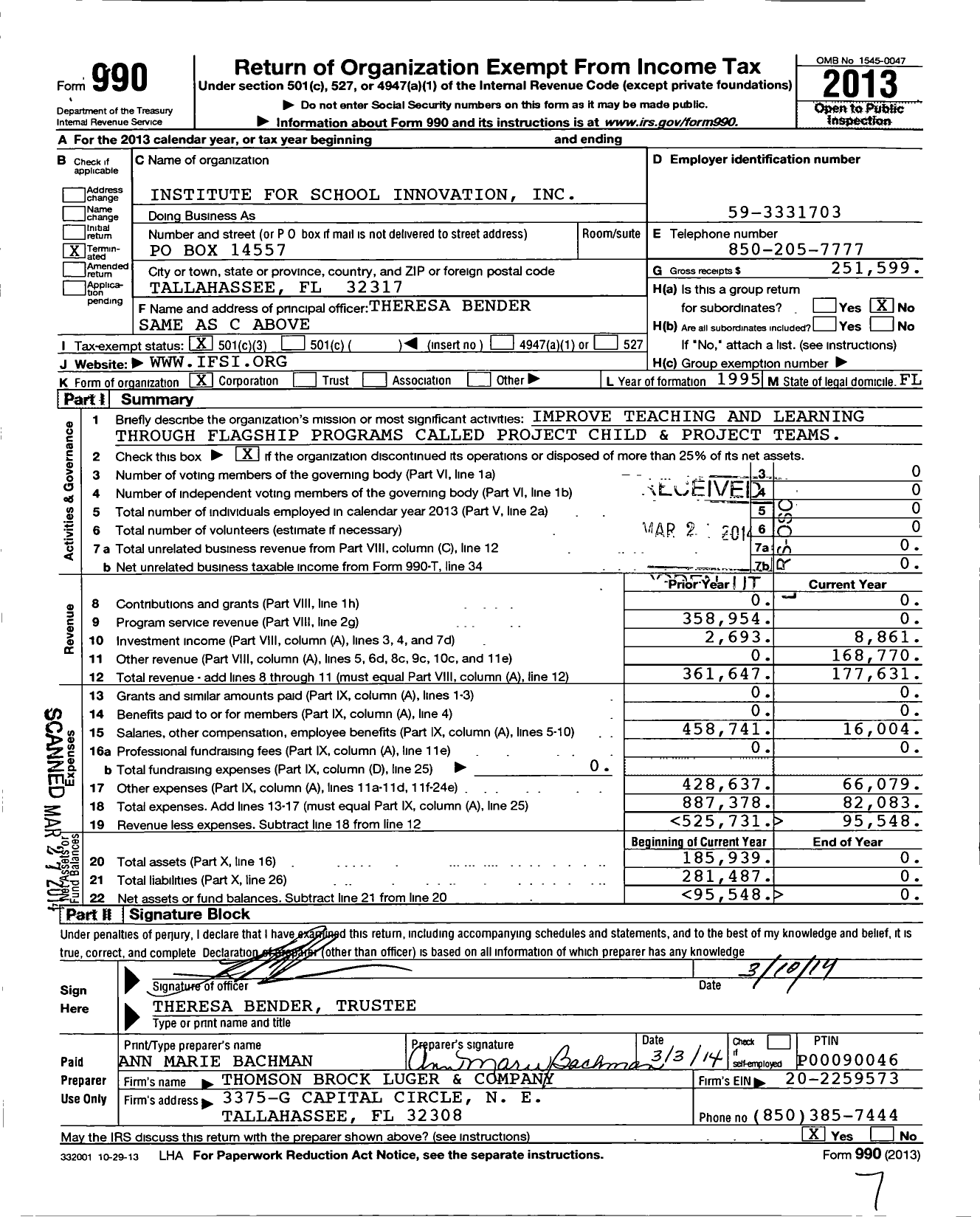 Image of first page of 2013 Form 990 for Institute for School Innovation