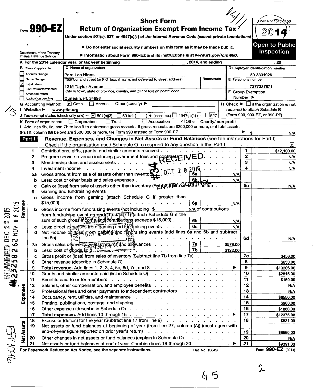 Image of first page of 2014 Form 990EZ for Para Los Ninos / 501 C 3