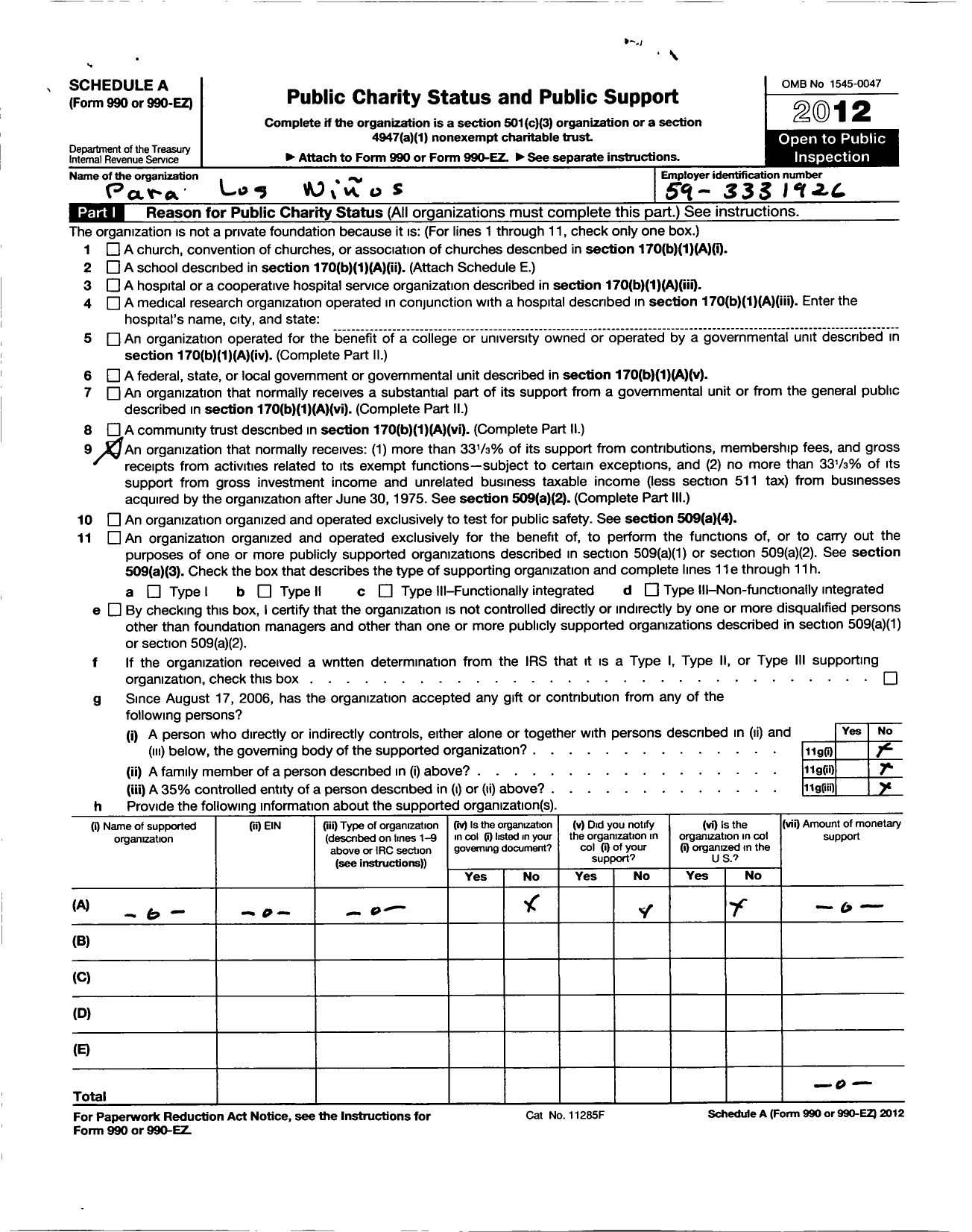 Image of first page of 2012 Form 990R for Para Los Ninos / 501 C 3