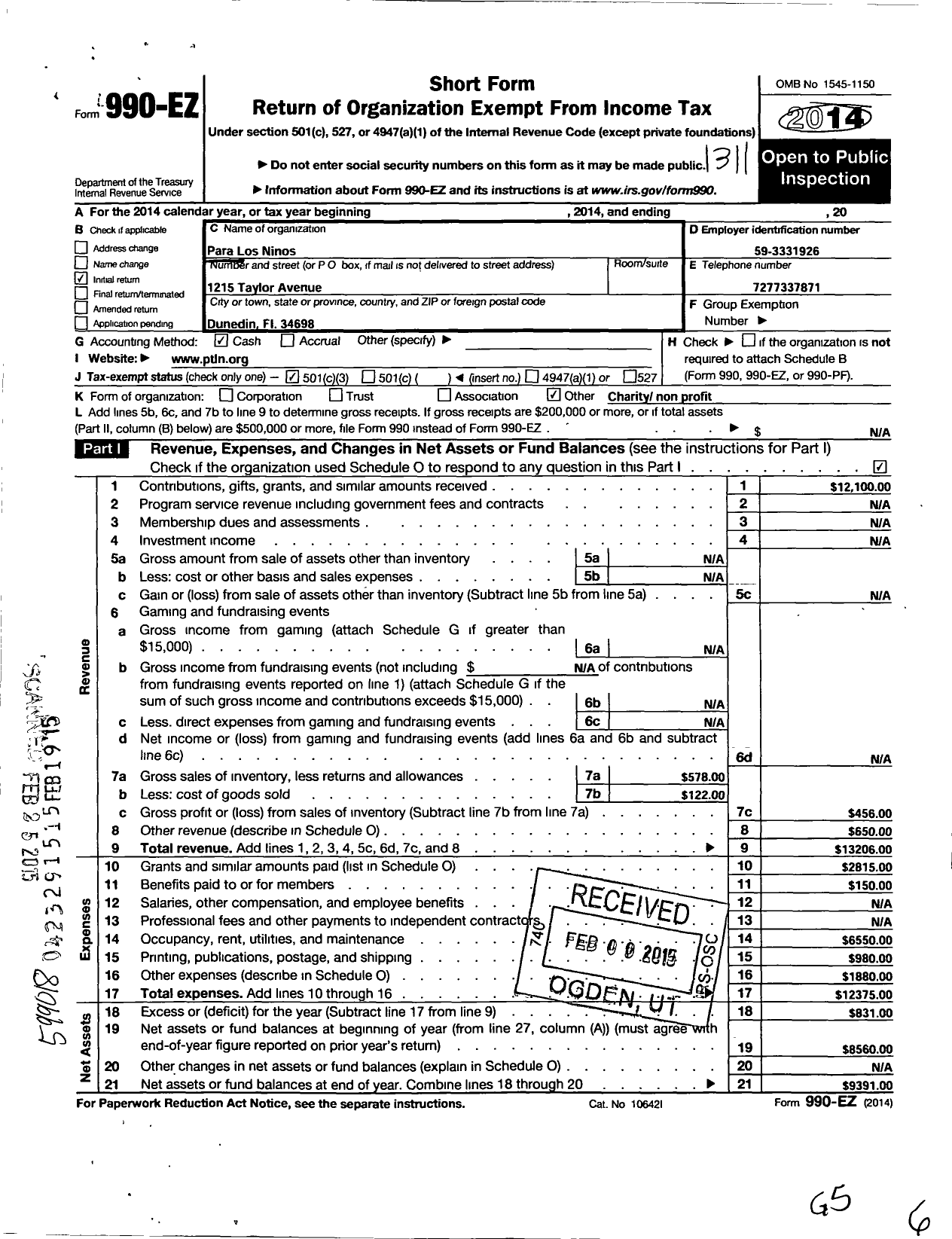 Image of first page of 2012 Form 990EZ for Para Los Ninos / 501 C 3