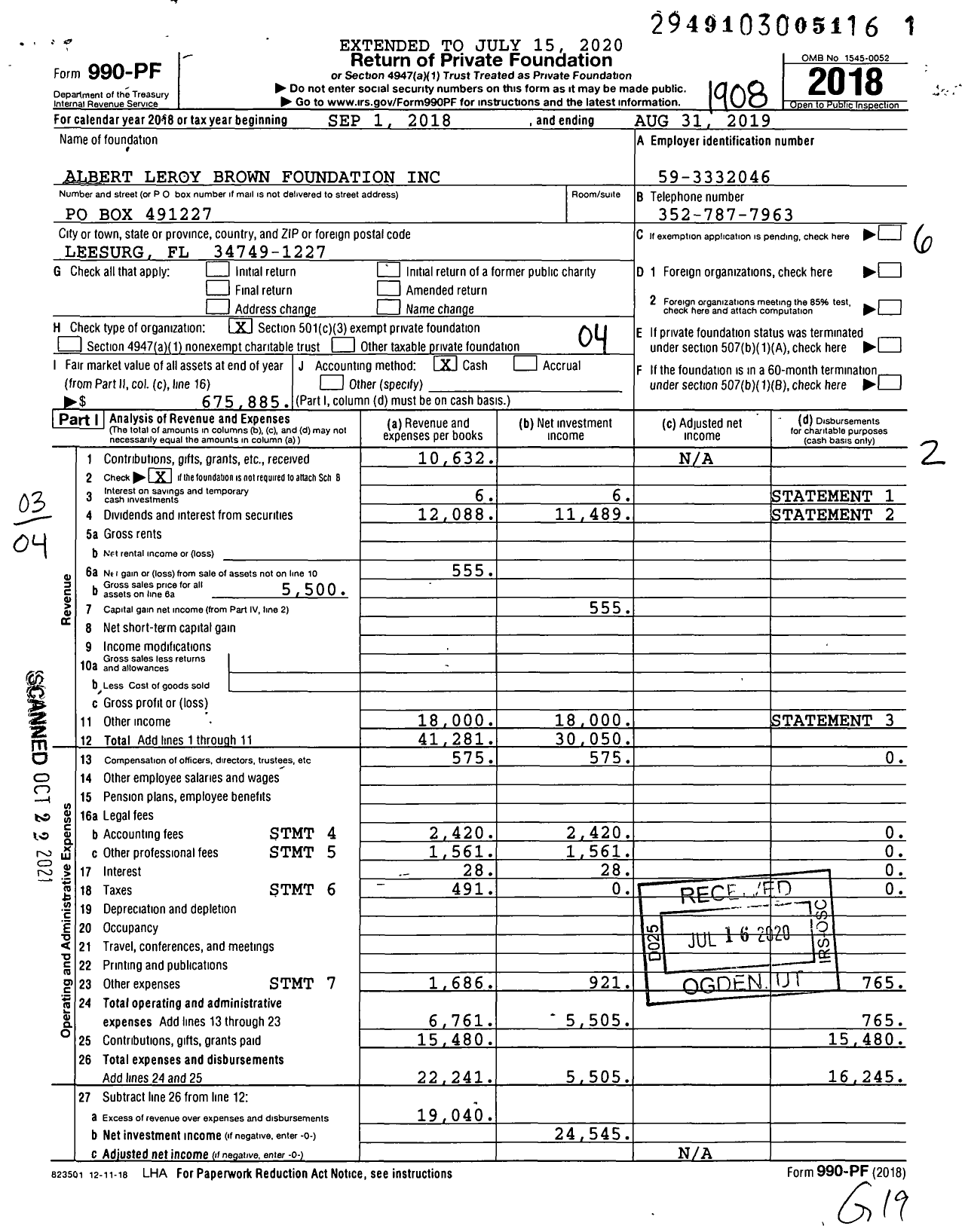 Image of first page of 2018 Form 990PF for Albert Leroy Brown Foundation