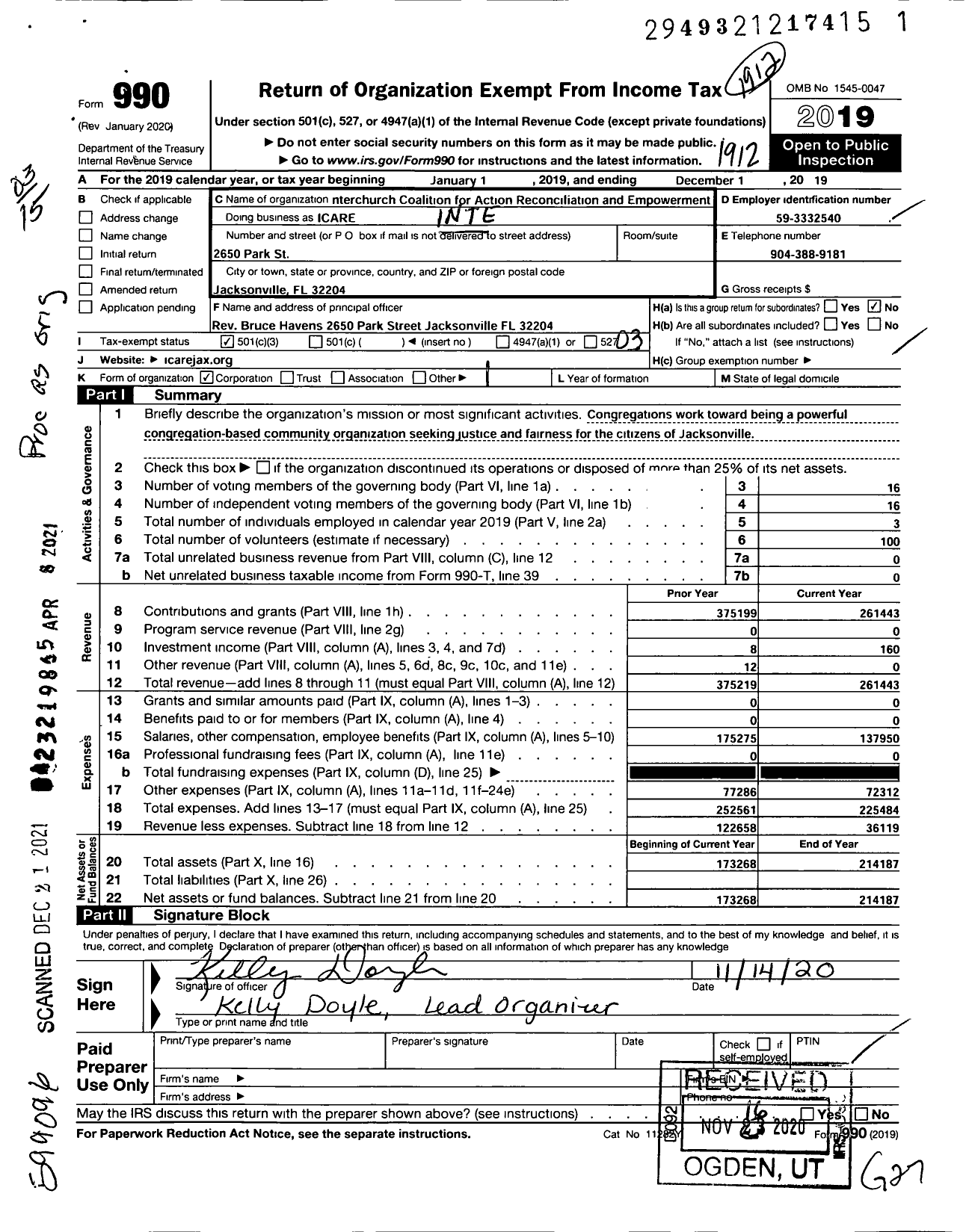 Image of first page of 2019 Form 990 for Interfaith Coalition for Action Reconciliation and Empowerment (ICARE)