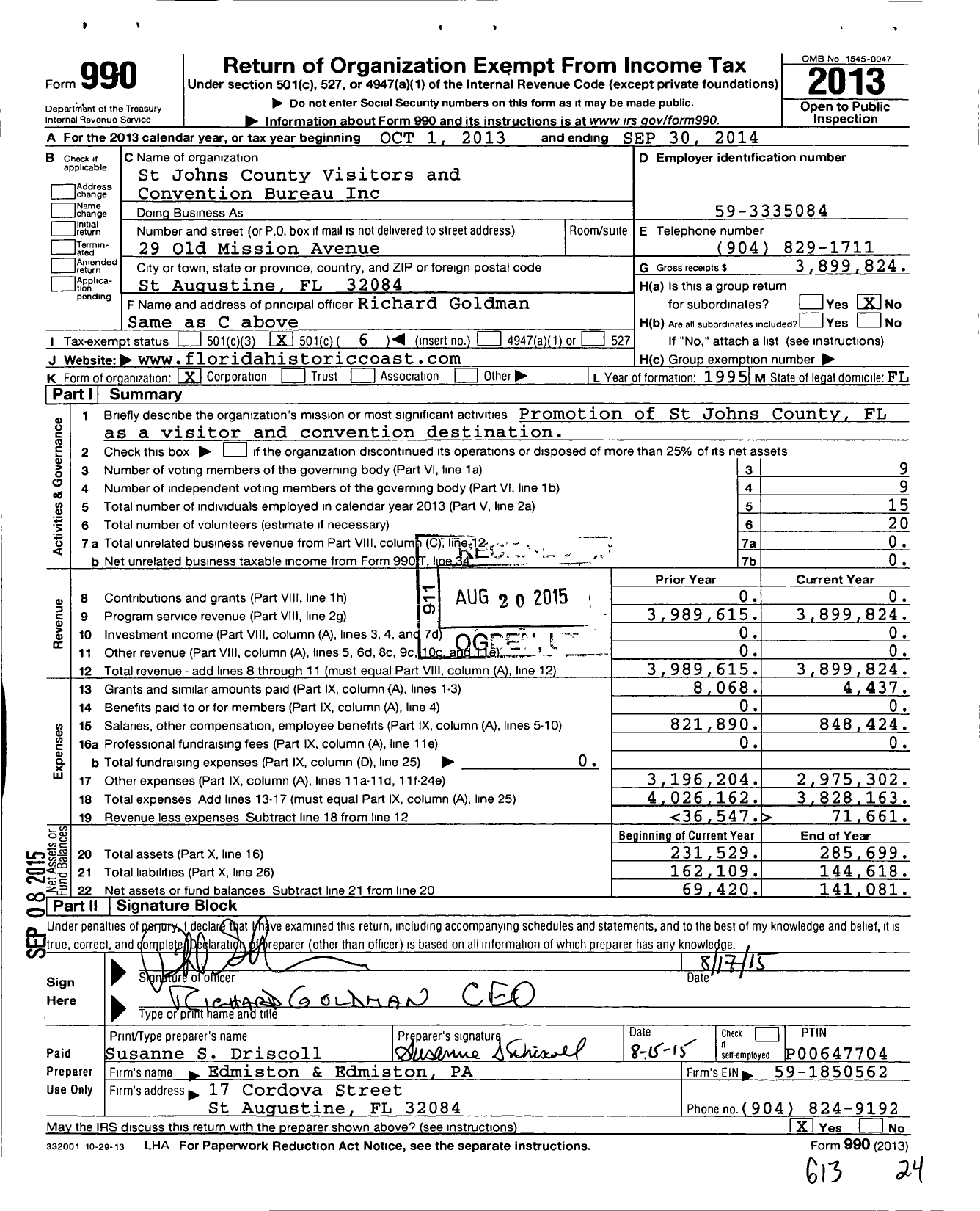 Image of first page of 2013 Form 990O for St. Augustine, Ponte Vedra, & The Beaches Visitors and Convention Bureau