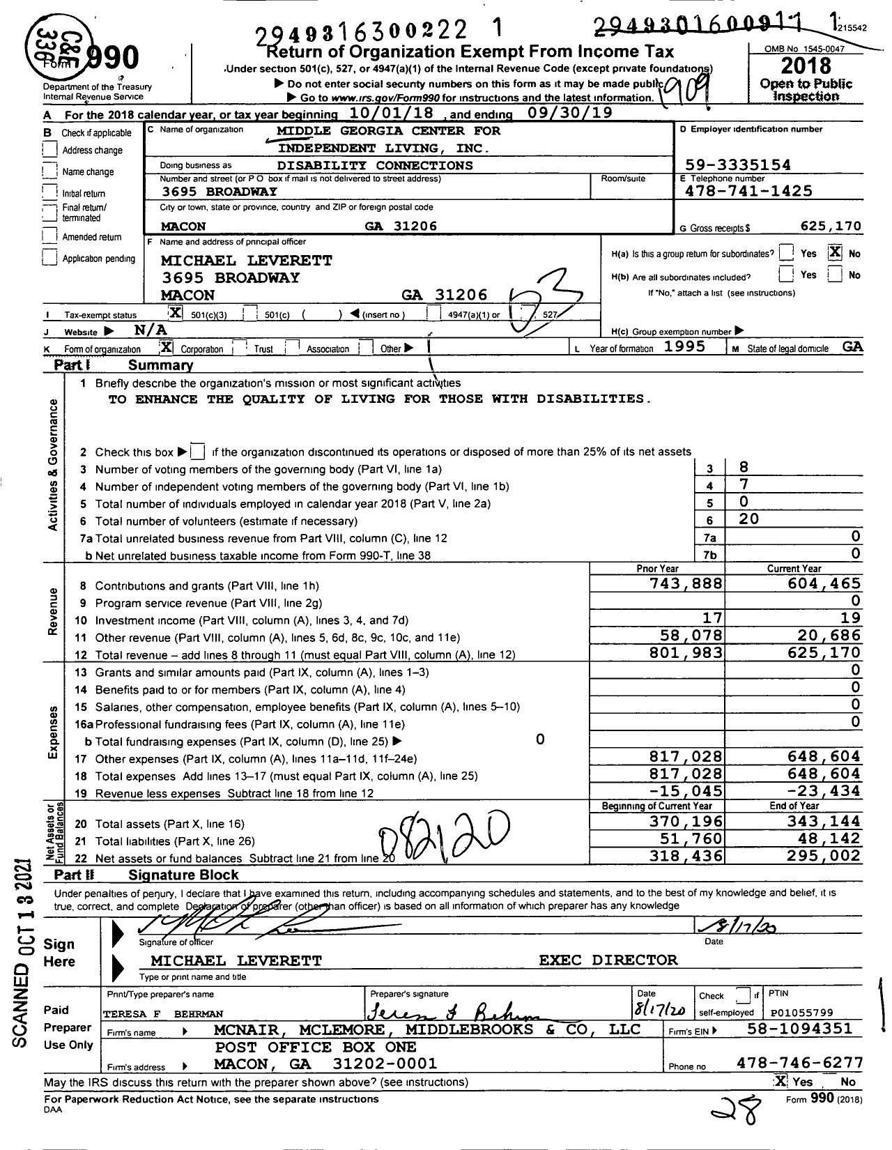 Image of first page of 2018 Form 990 for Disability Connections / Middle Georgia Center for Independent Living Inc