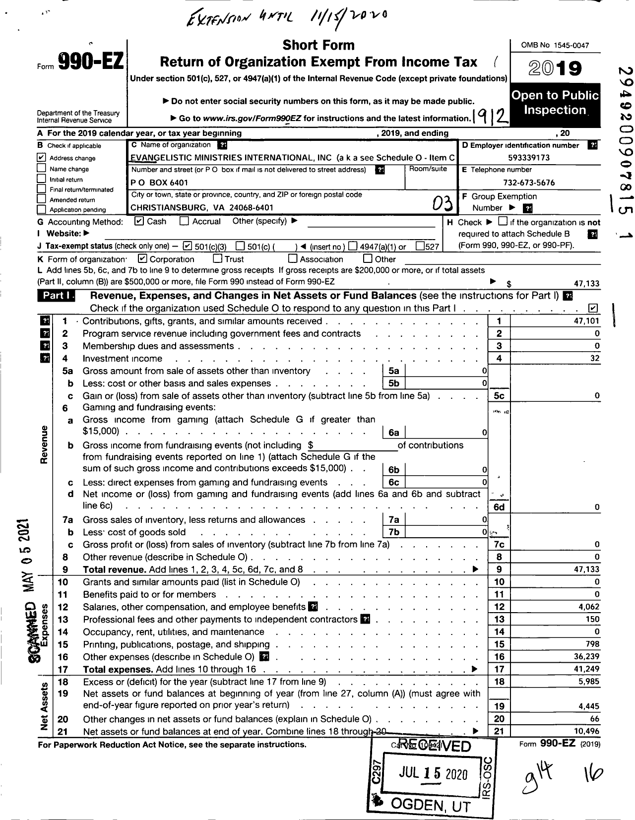 Image of first page of 2019 Form 990EZ for Evangelistic Ministries International