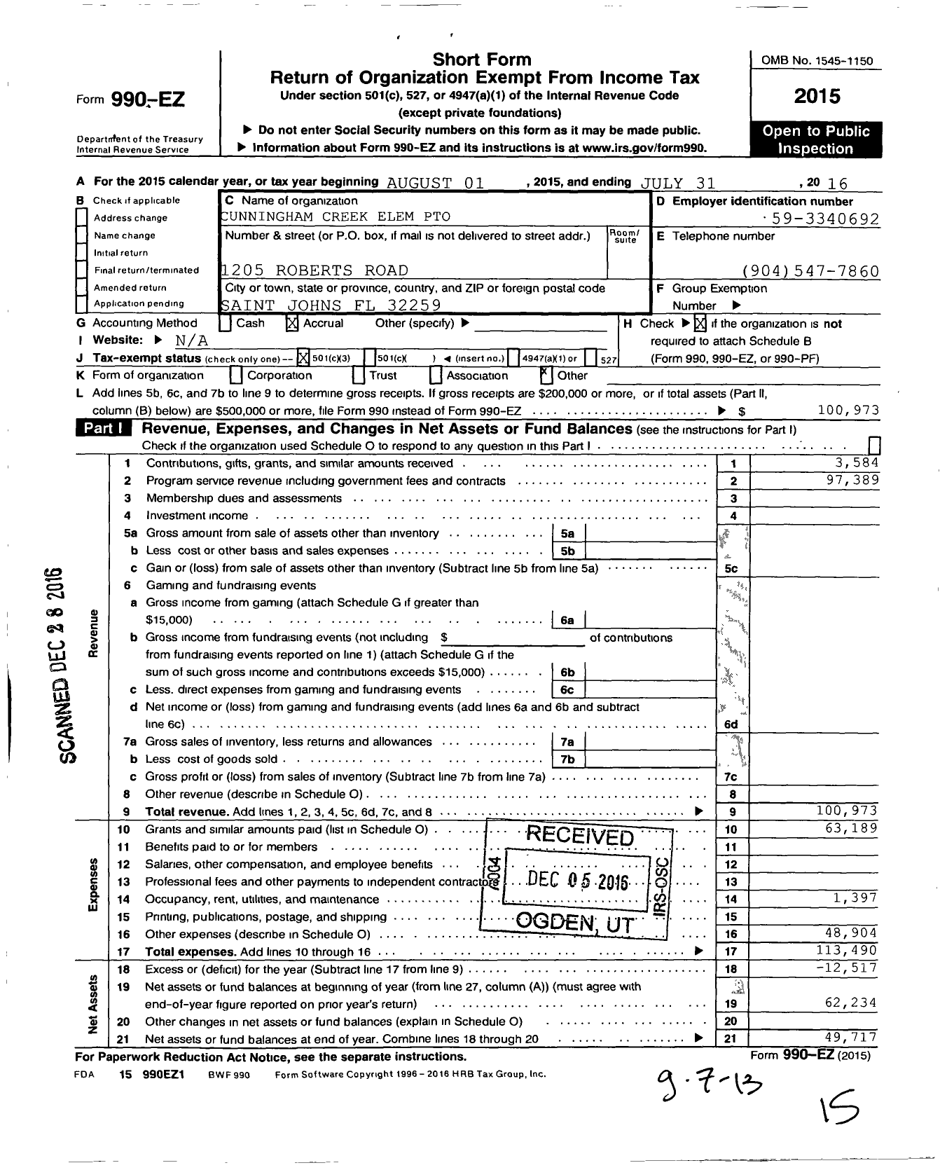 Image of first page of 2015 Form 990EZ for Cunningham Creek Elementary Parent Teacher Organization