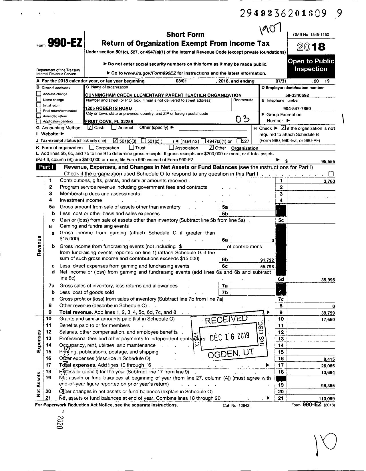 Image of first page of 2018 Form 990EZ for Cunningham Creek Elementary Parent Teacher Organization