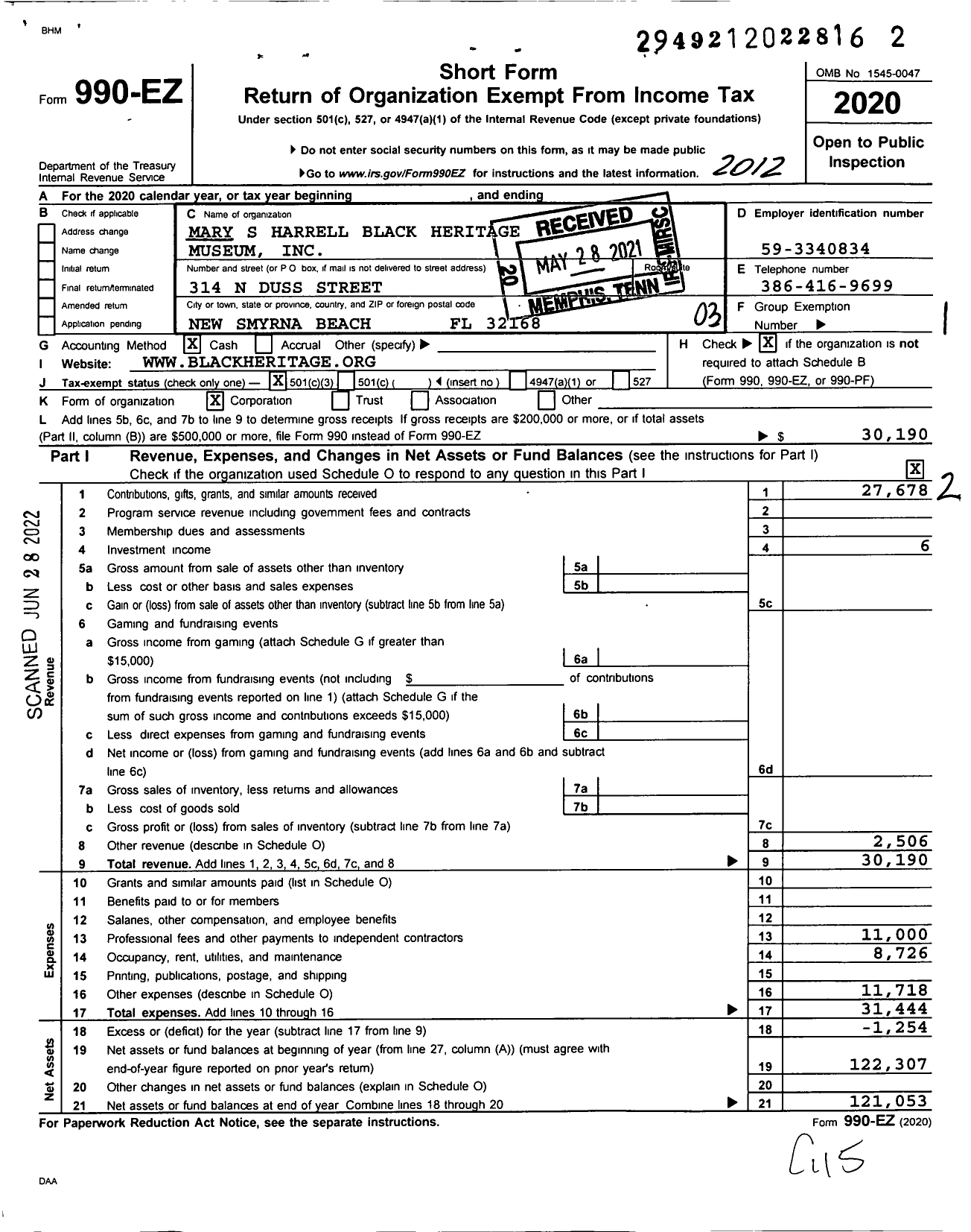 Image of first page of 2020 Form 990EZ for Mary S Harrell Black Heritage Museum