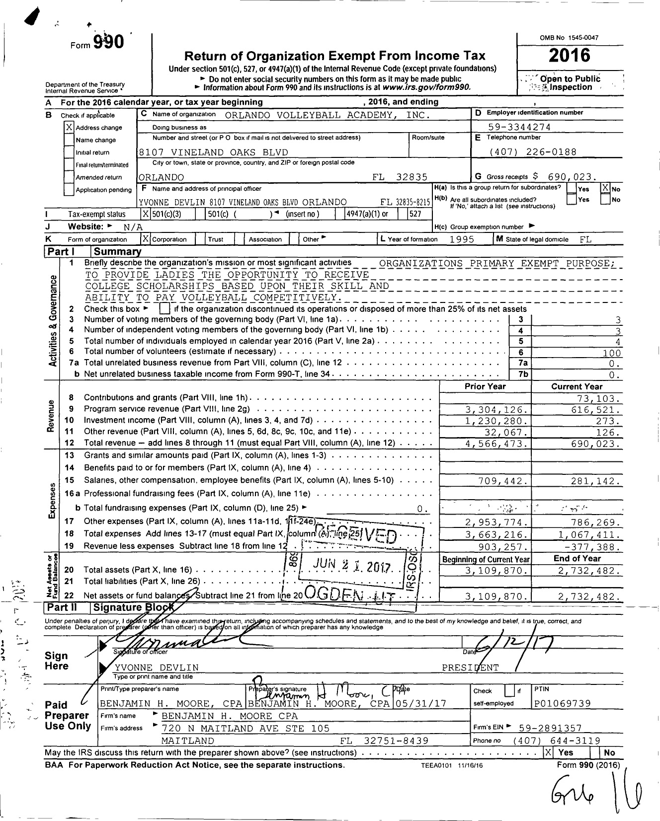 Image of first page of 2016 Form 990 for Orlando Volleyball Academy