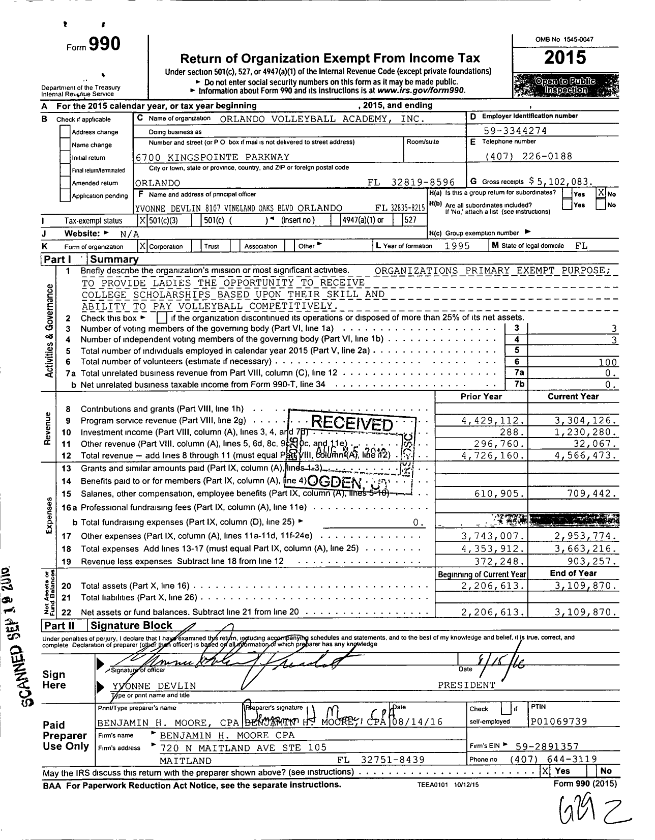 Image of first page of 2015 Form 990 for Orlando Volleyball Academy