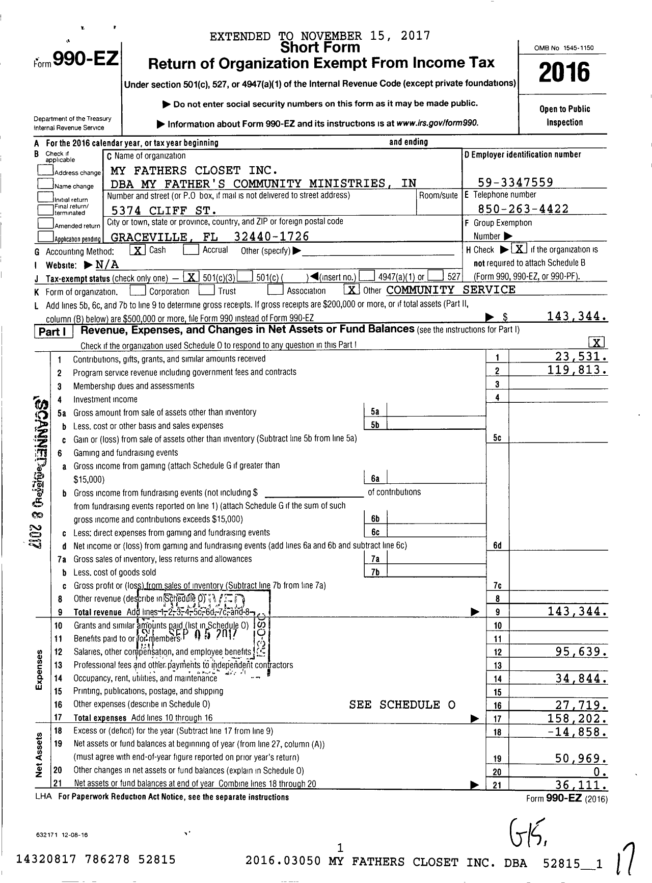 Image of first page of 2016 Form 990EZ for My Father's Community Ministries