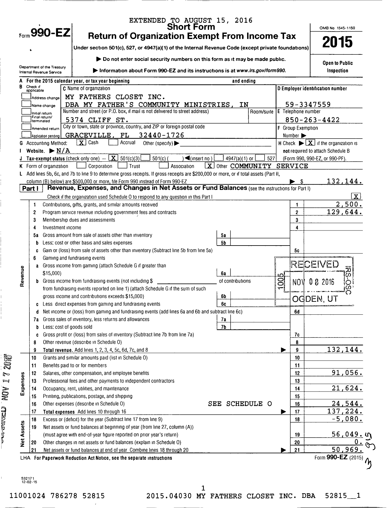 Image of first page of 2015 Form 990EZ for My Father's Community Ministries