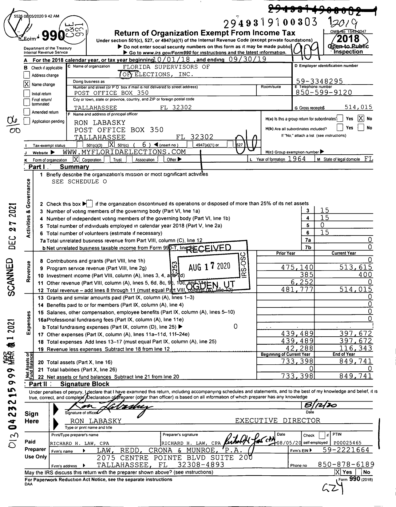 Image of first page of 2018 Form 990O for Florida Supervisors of of Elections