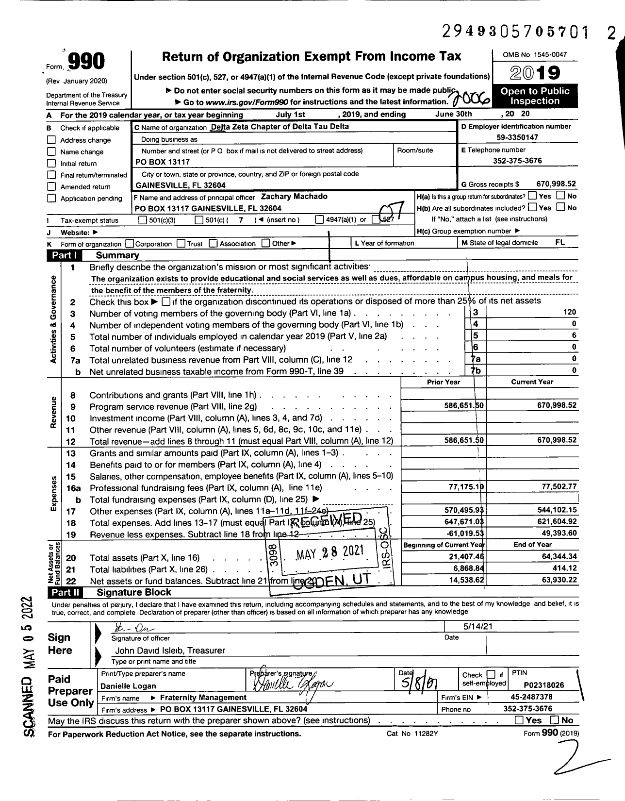 Image of first page of 2019 Form 990O for Delta Tau Delta Fraternity - Delta Zeta